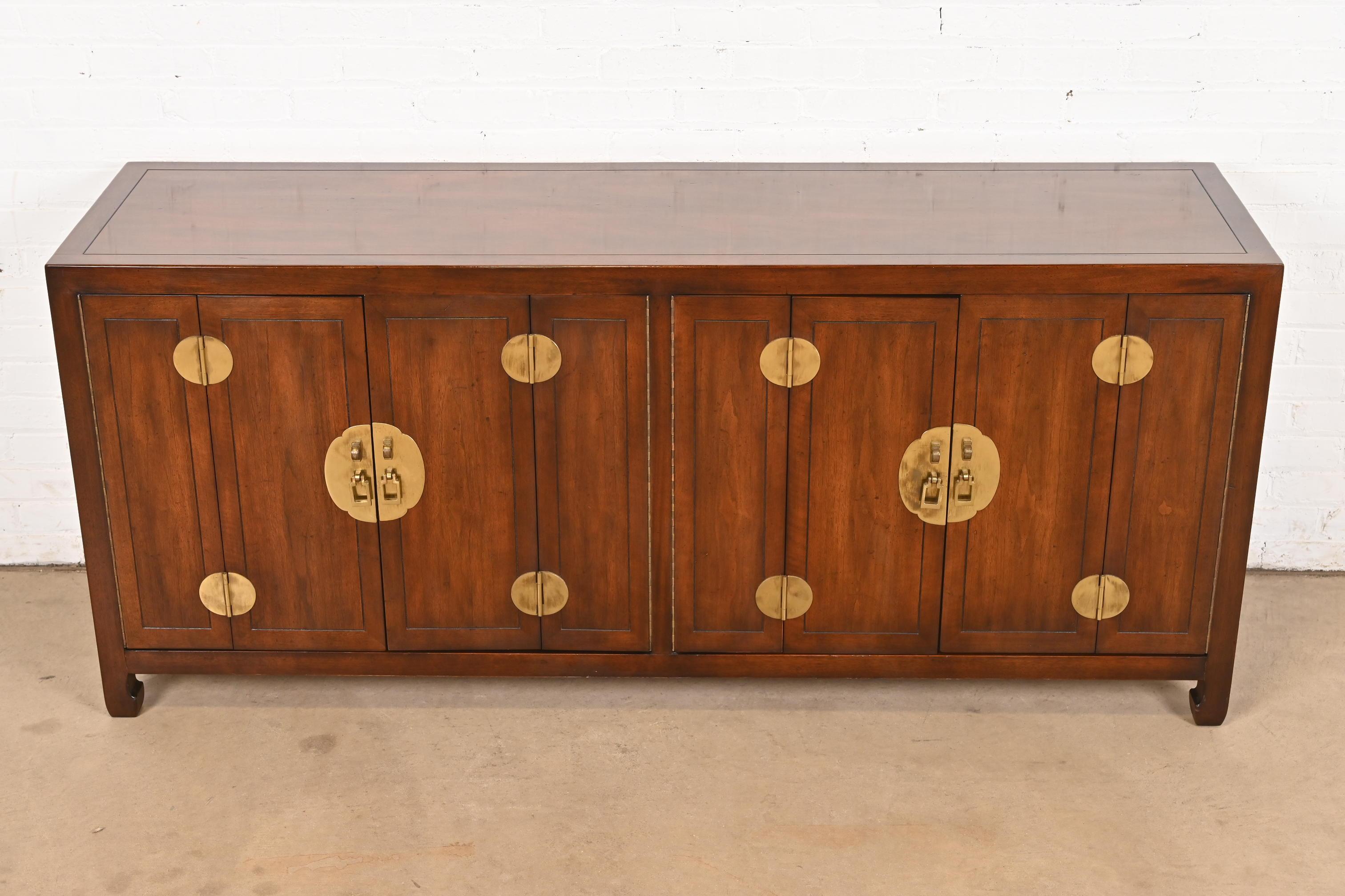 American Henredon Hollywood Regency Chinoiserie Walnut and Brass Sideboard Credenza For Sale