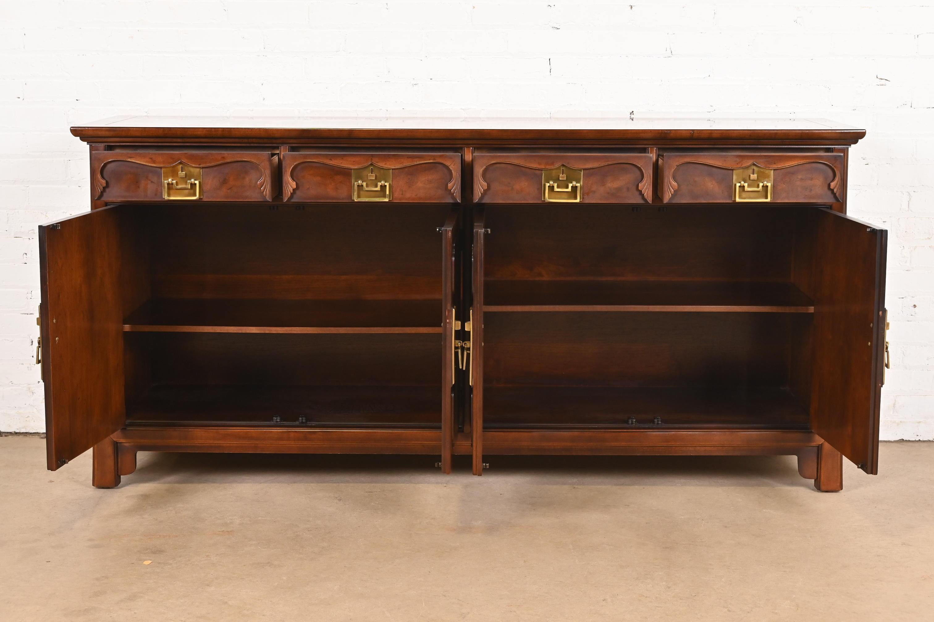 Brass Henredon Hollywood Regency Chinoiserie Walnut Sideboard Credenza, Circa 1970s For Sale