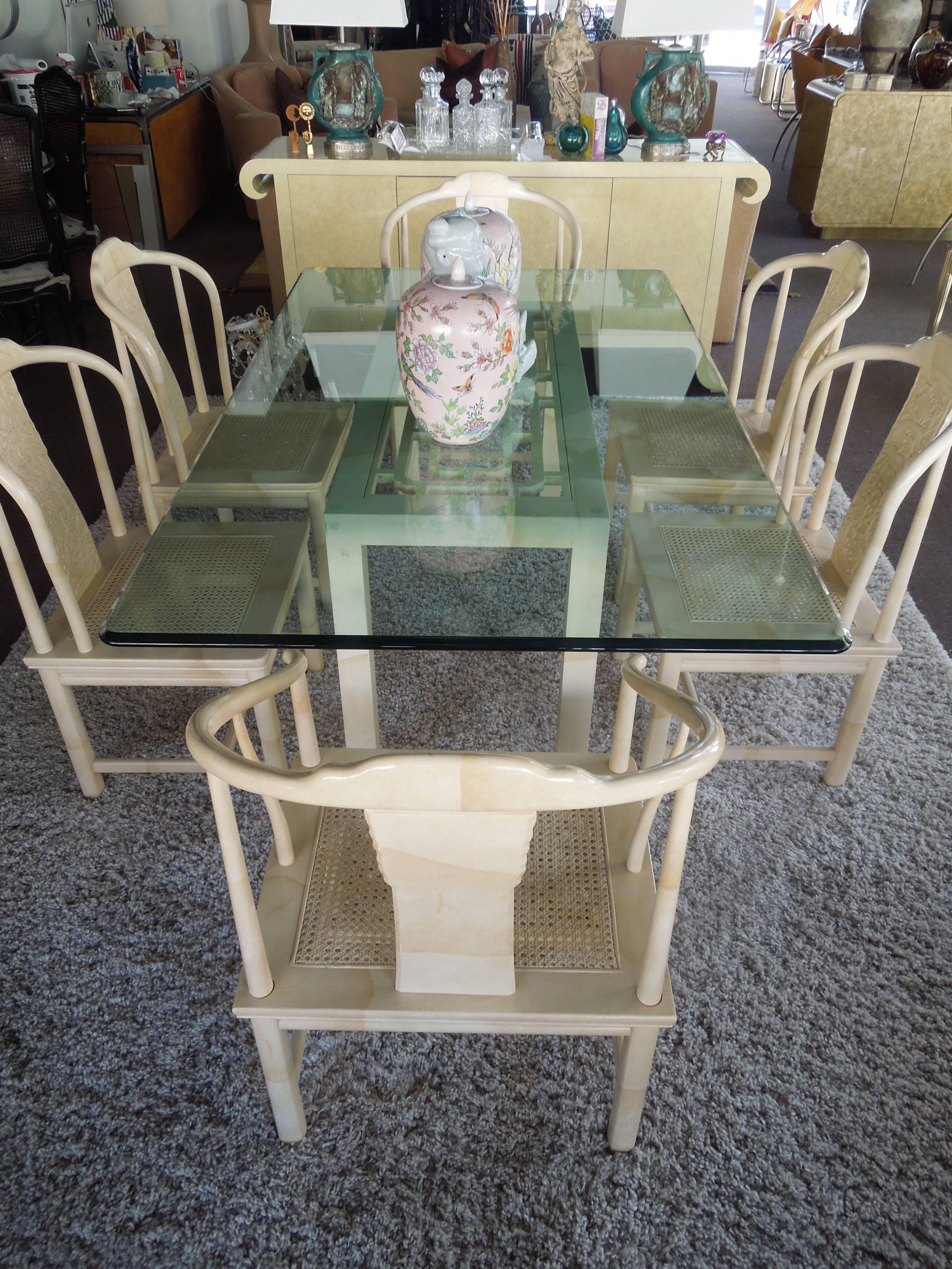 Other  Henredon Hollywood Regency Faux Goatskin and Glass Dining Table For Sale