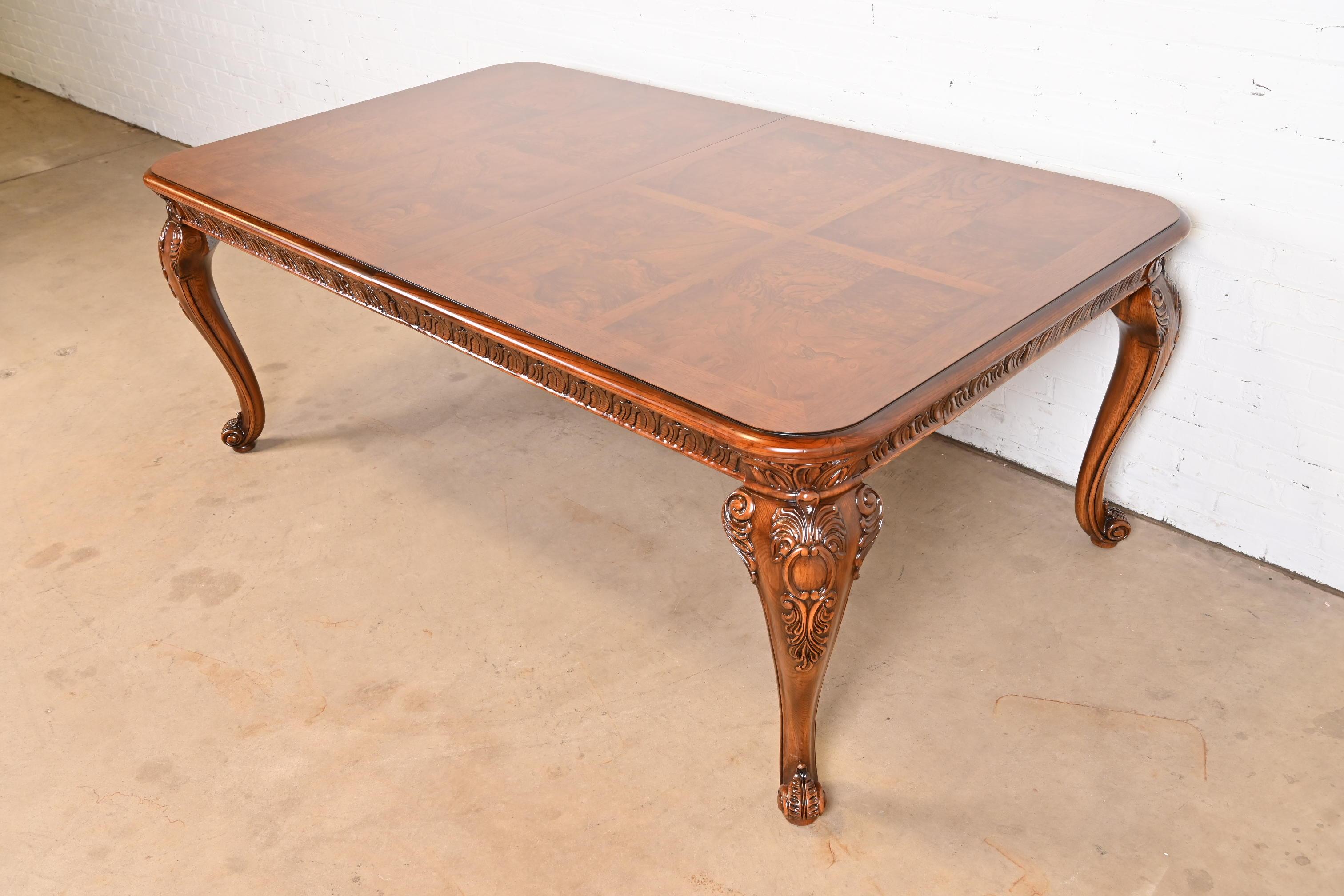 Henredon Italian Baroque Carved Oak and Burl Wood Dining Table, Newly Refinished For Sale 5