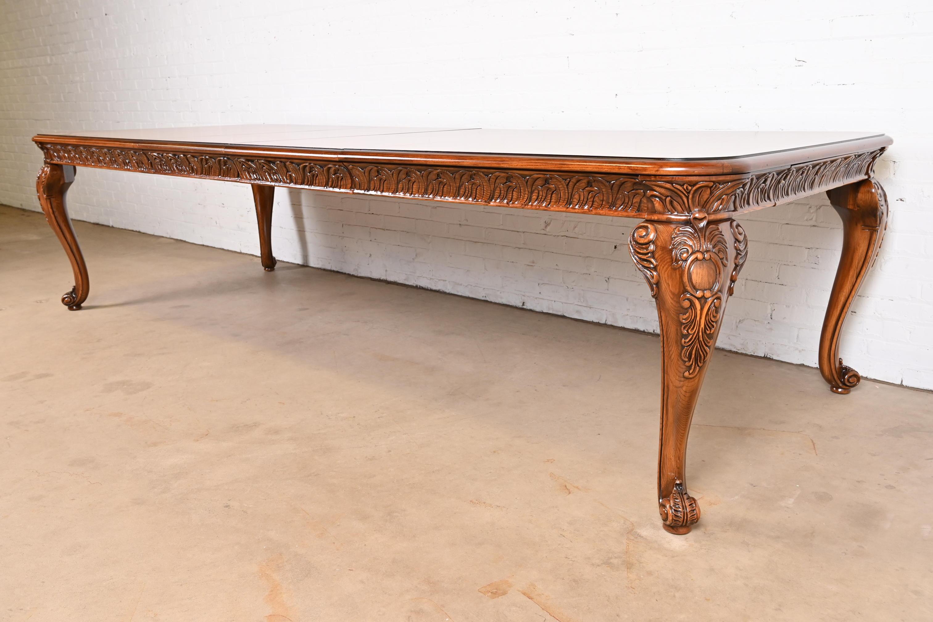American Henredon Italian Baroque Carved Oak and Burl Wood Dining Table, Newly Refinished For Sale