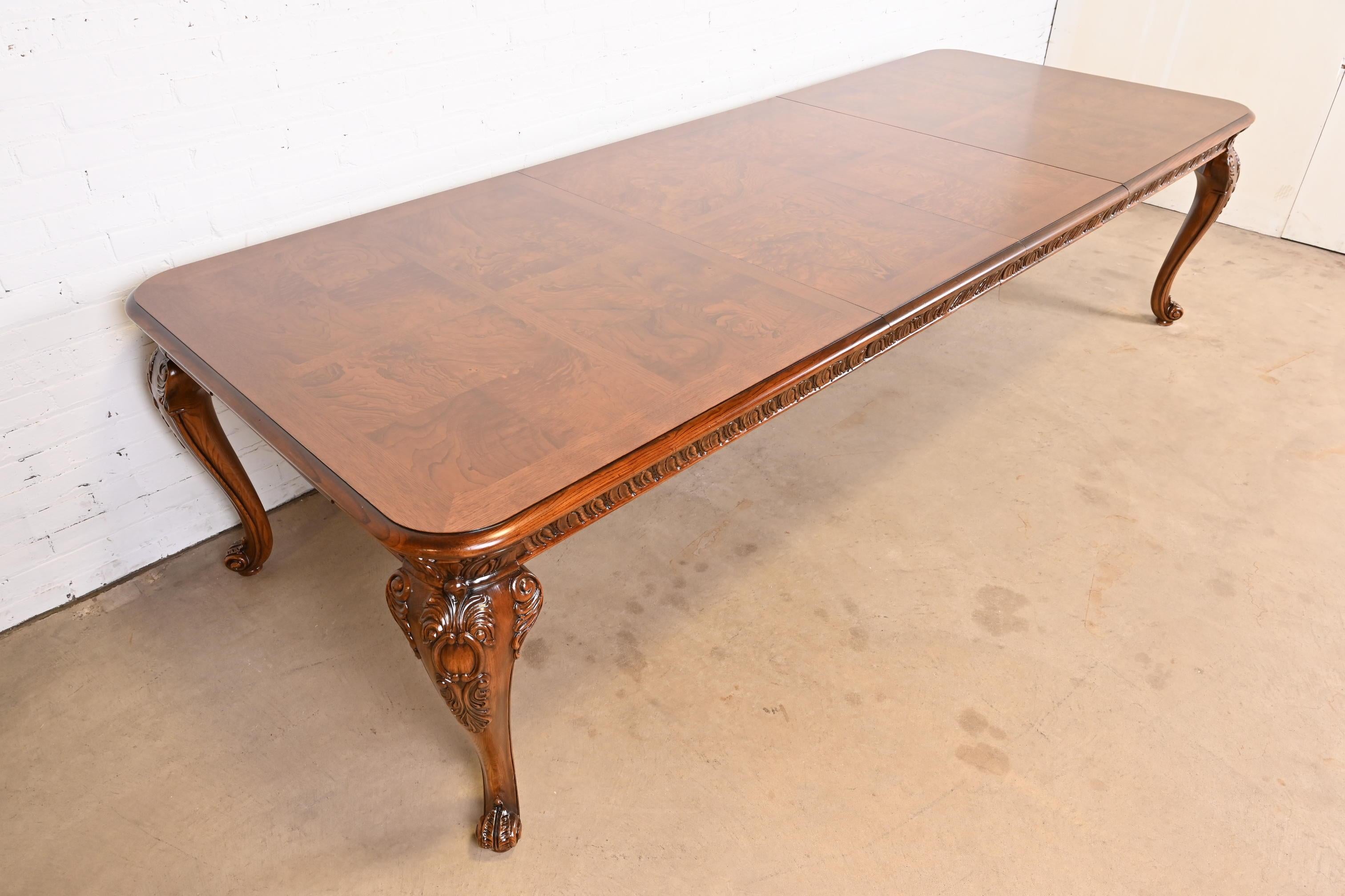 American Henredon Italian Baroque Carved Oak and Burl Wood Dining Table, Newly Refinished For Sale