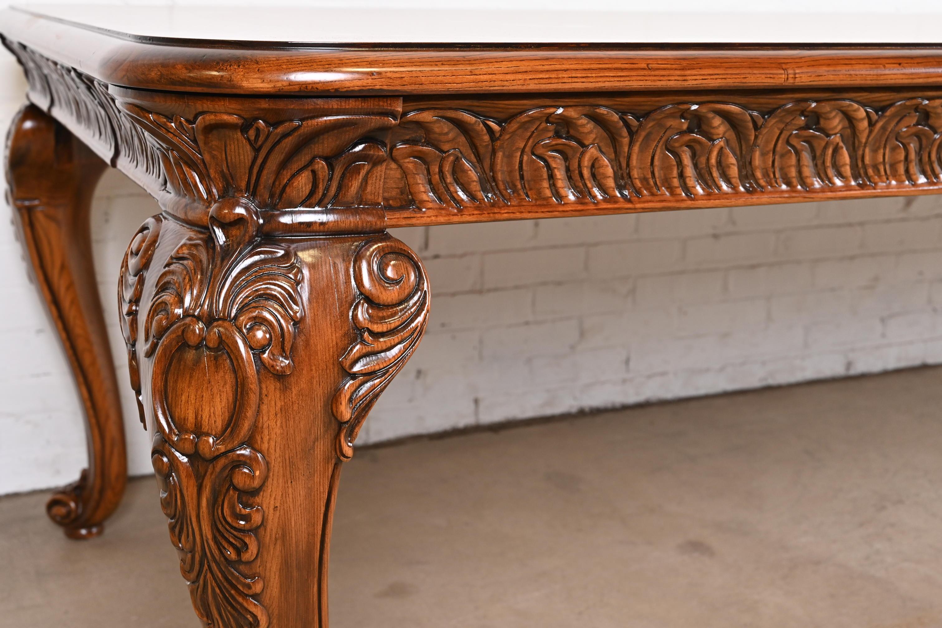 20th Century Henredon Italian Baroque Carved Oak and Burl Wood Dining Table, Newly Refinished For Sale