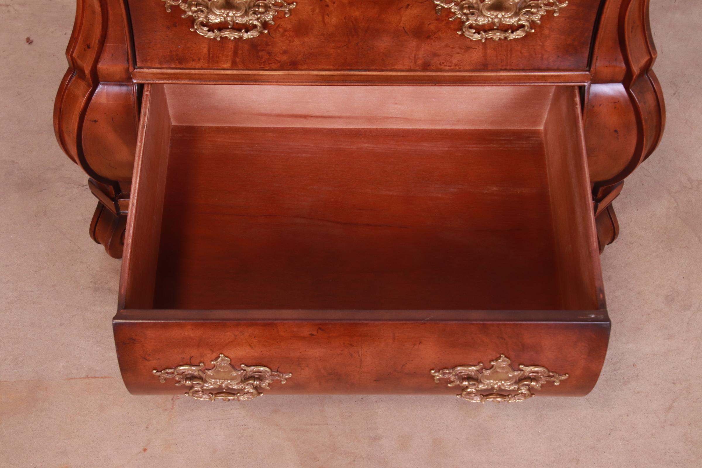 Brass Henredon Italian Louis XV Burl Wood Bombay Form Bedside Chest For Sale