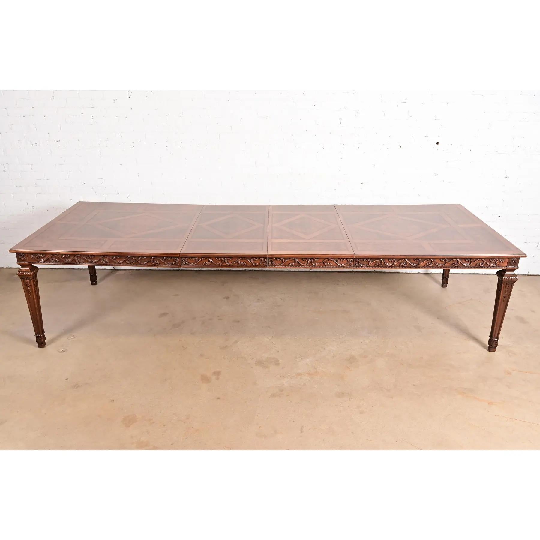 American Henredon Italian Louis XVI Carved Oak and Burl Wood Dining Table, Refinished For Sale