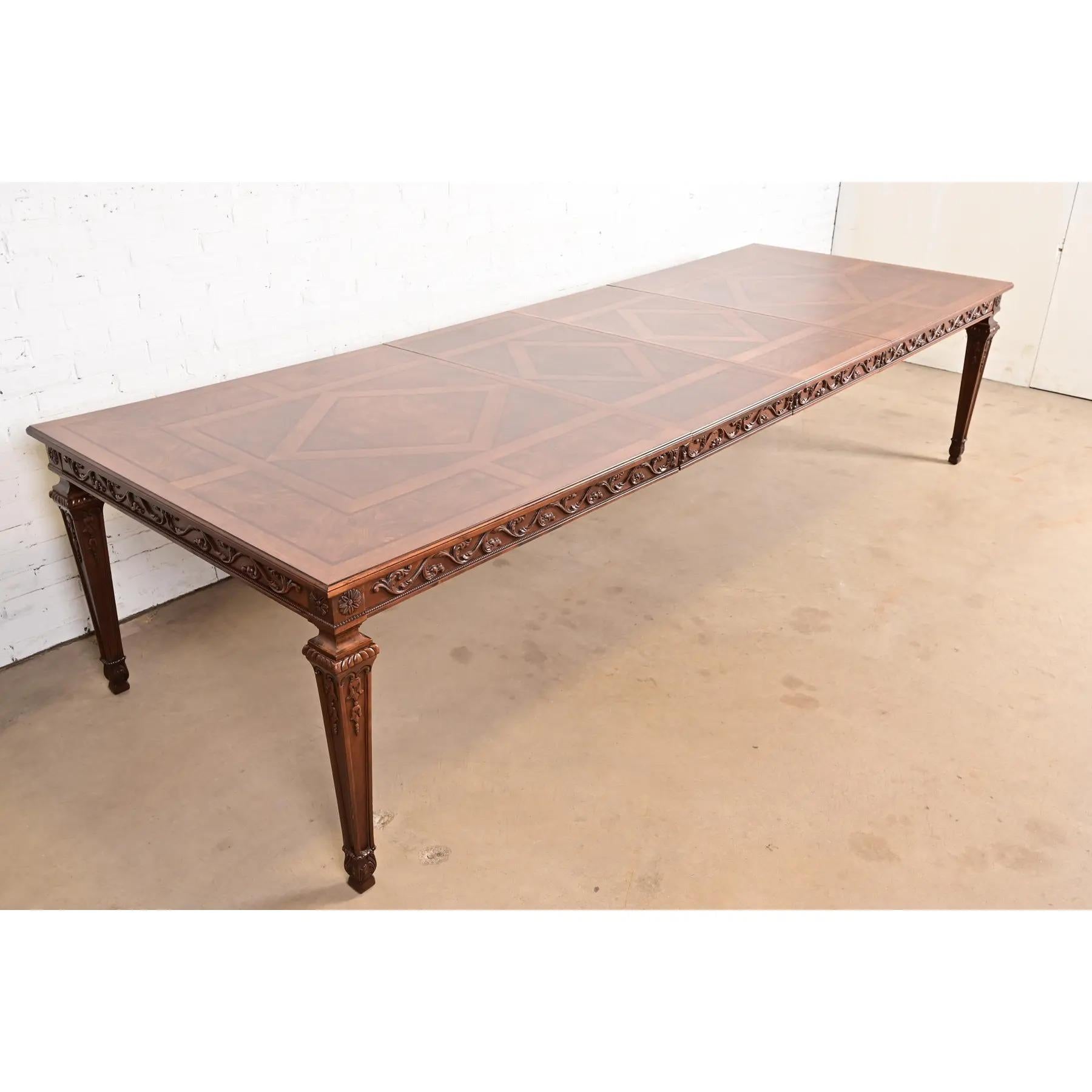20th Century Henredon Italian Louis XVI Carved Oak and Burl Wood Dining Table, Refinished For Sale