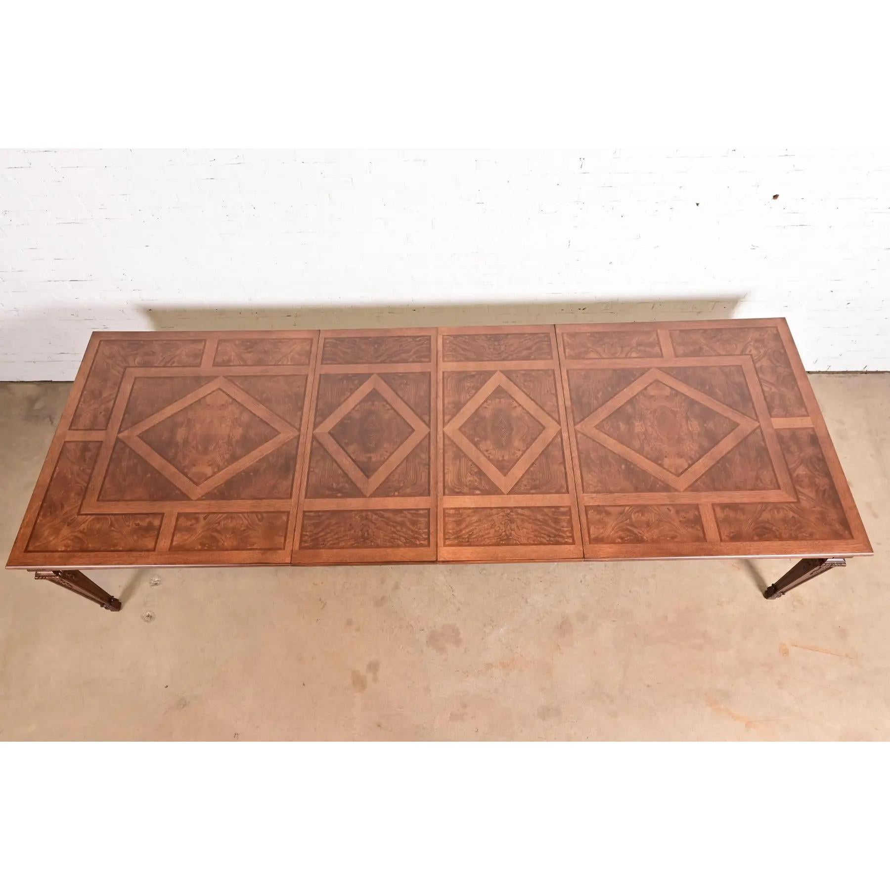 Henredon Italian Louis XVI Carved Oak and Burl Wood Dining Table, Refinished For Sale 1