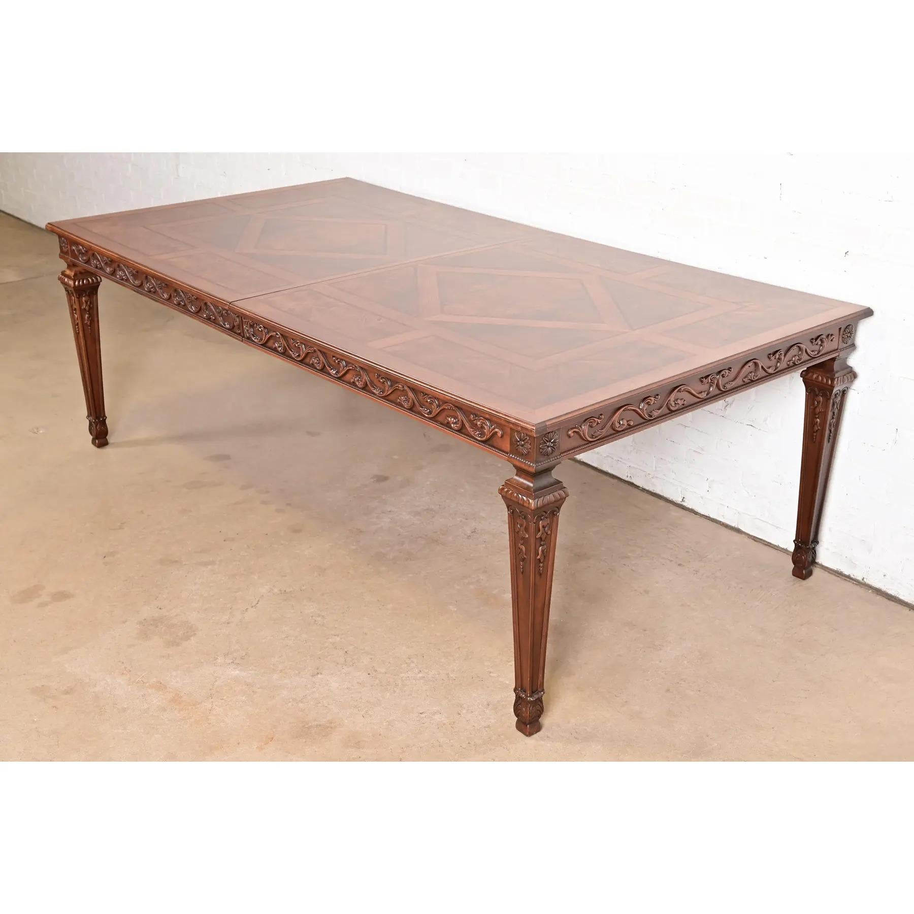 Henredon Italian Louis XVI Carved Oak and Burl Wood Dining Table, Refinished For Sale 4