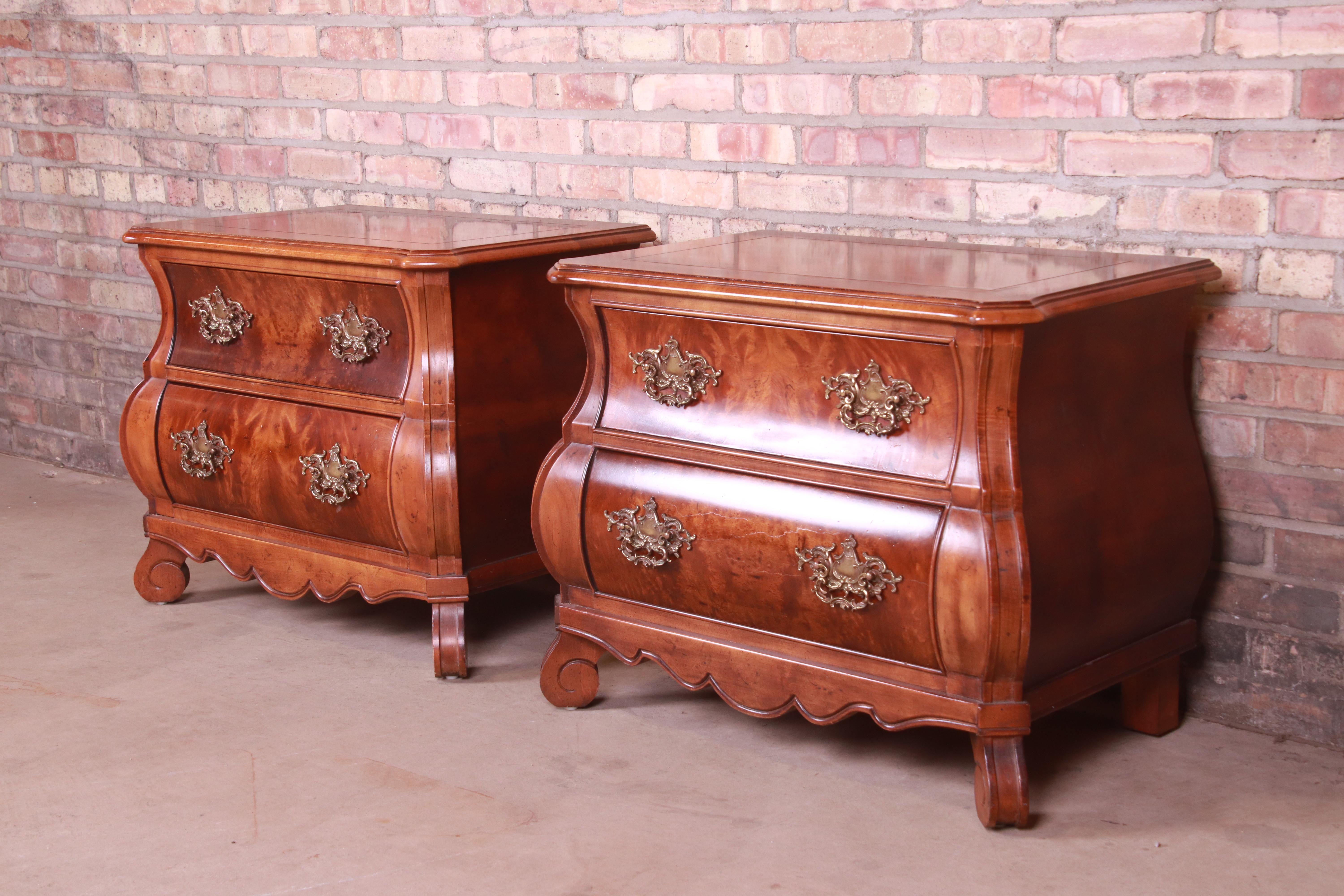 French Provincial Henredon Italian Provincial Bombay Form Burled Walnut Nightstands, Pair