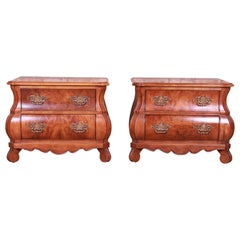 Henredon Italian Provincial Bombay Form Burled Walnut Nightstands, Pair