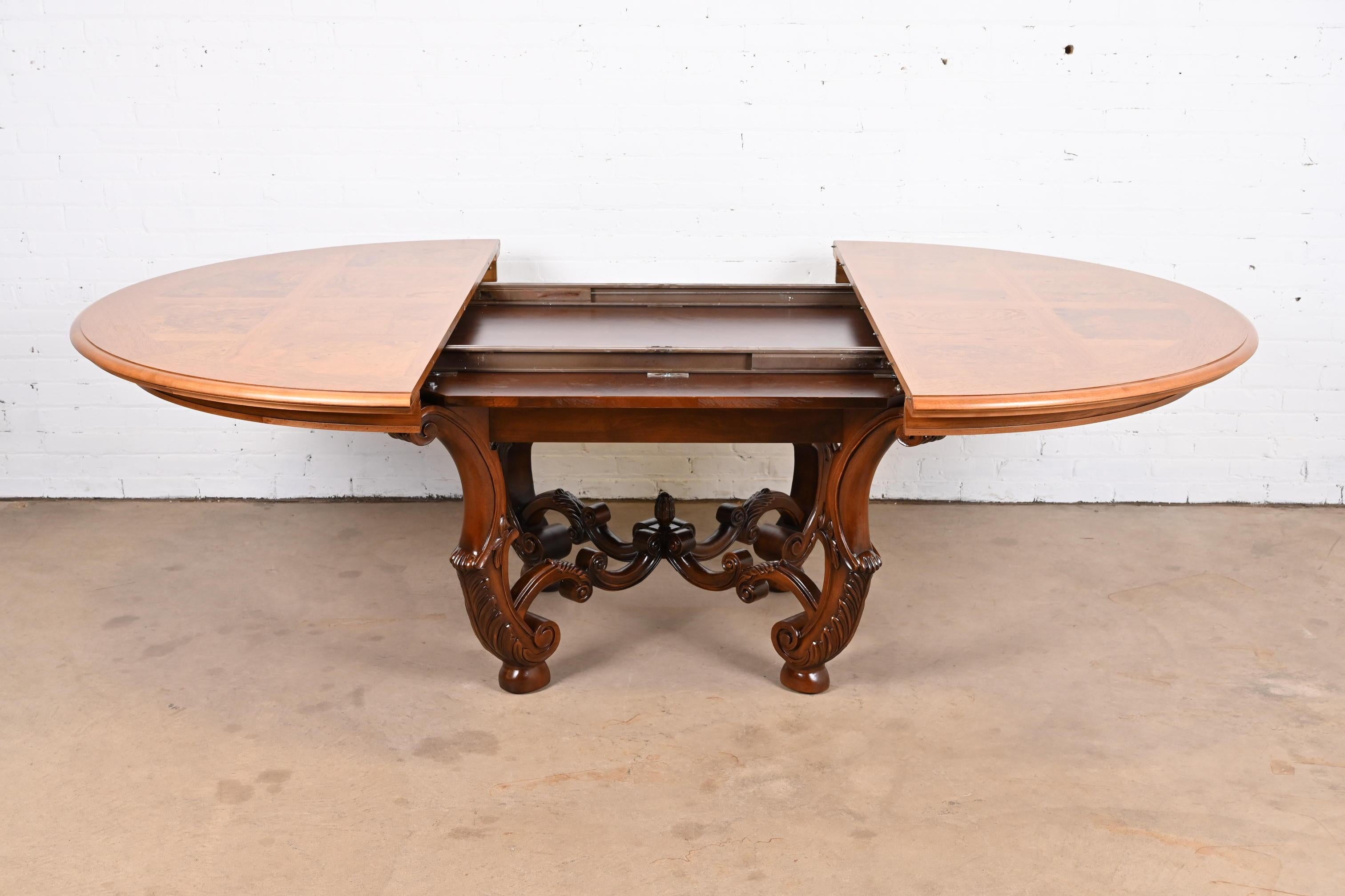 Henredon Italian Provincial Carved Walnut and Burl Wood Pedestal Dining Table For Sale 4
