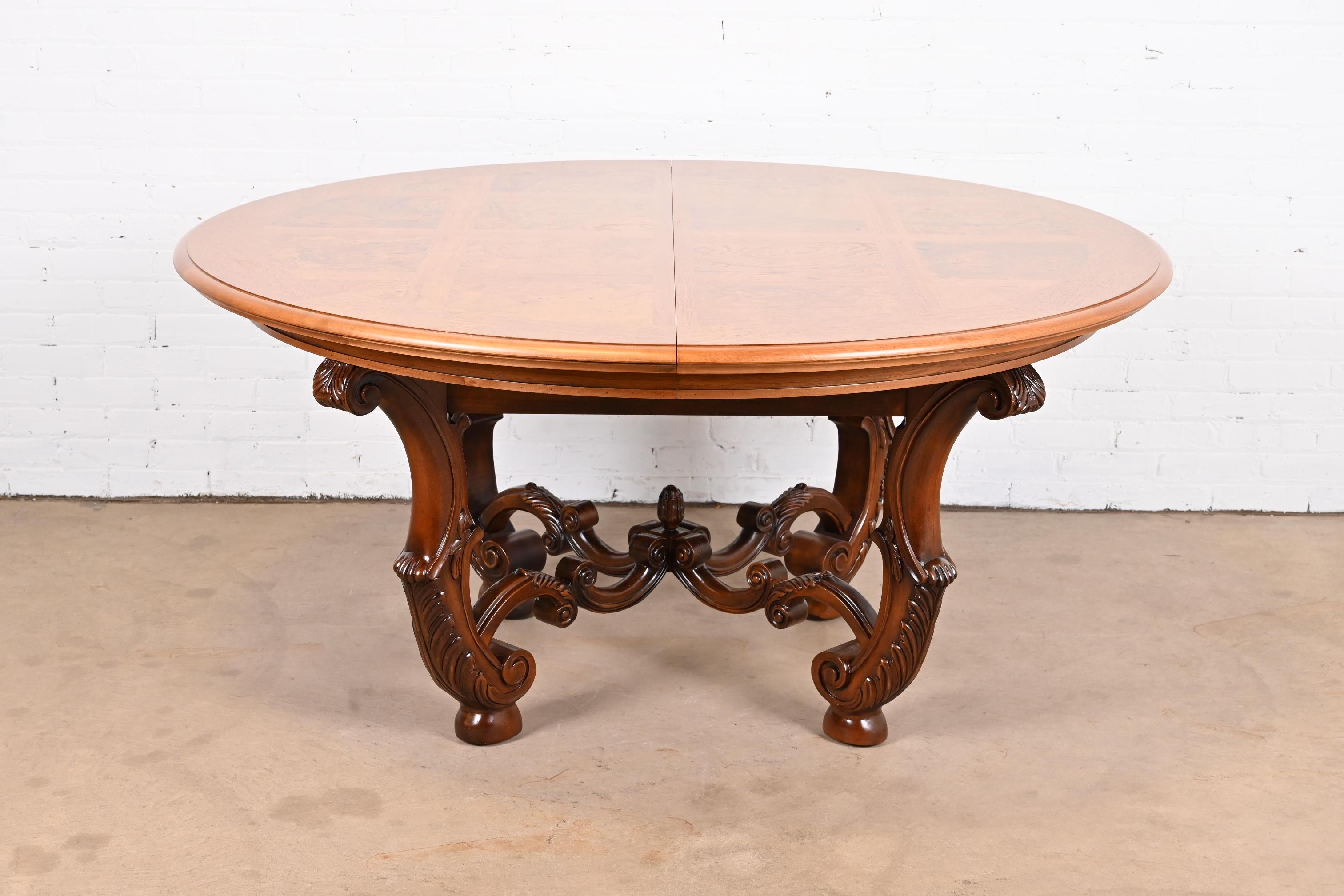 Henredon Italian Provincial Carved Walnut and Burl Wood Pedestal Dining Table For Sale 5