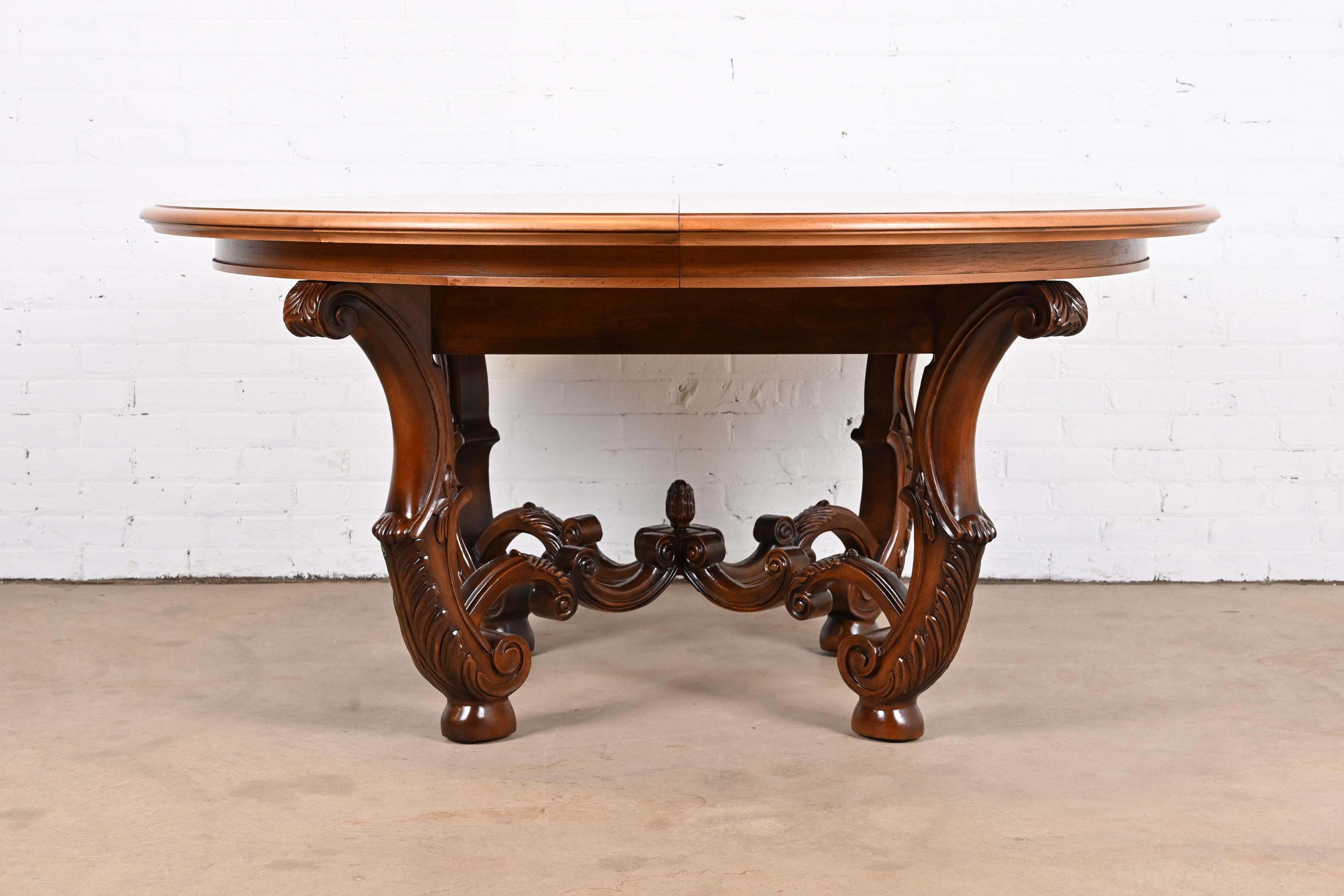 Henredon Italian Provincial Carved Walnut and Burl Wood Pedestal Dining Table For Sale 6