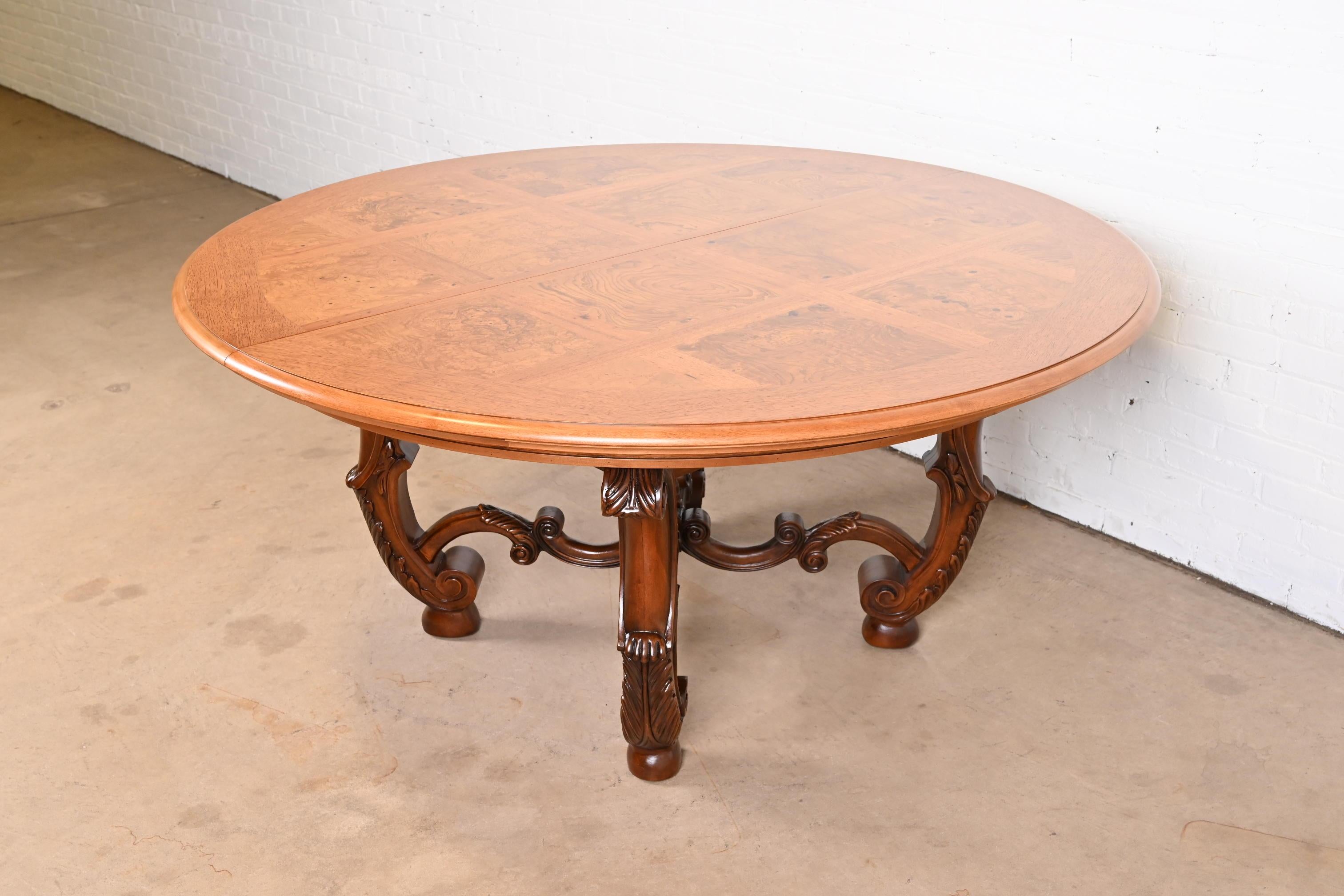 Henredon Italian Provincial Carved Walnut and Burl Wood Pedestal Dining Table For Sale 7