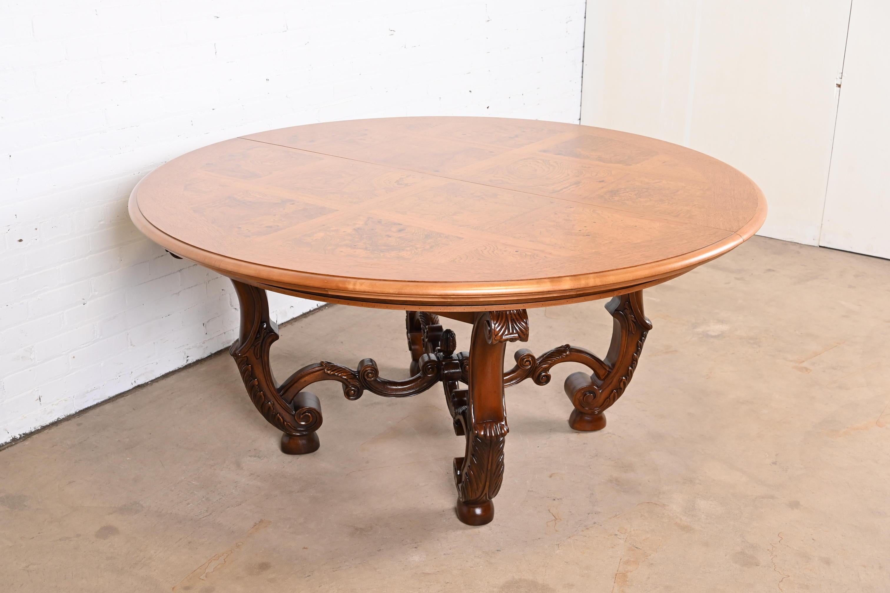 Henredon Italian Provincial Carved Walnut and Burl Wood Pedestal Dining Table For Sale 8