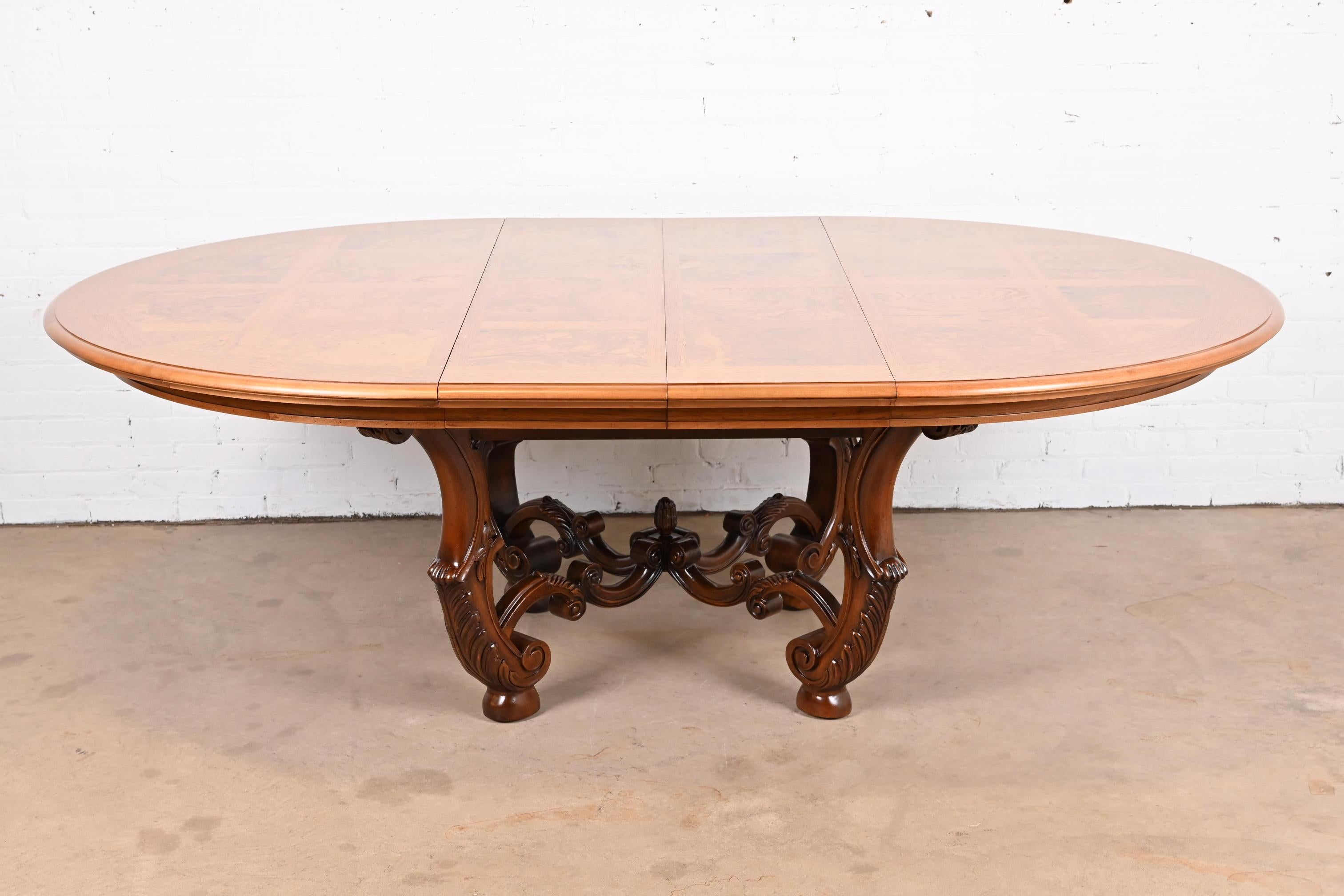 French Provincial Henredon Italian Provincial Carved Walnut and Burl Wood Pedestal Dining Table For Sale