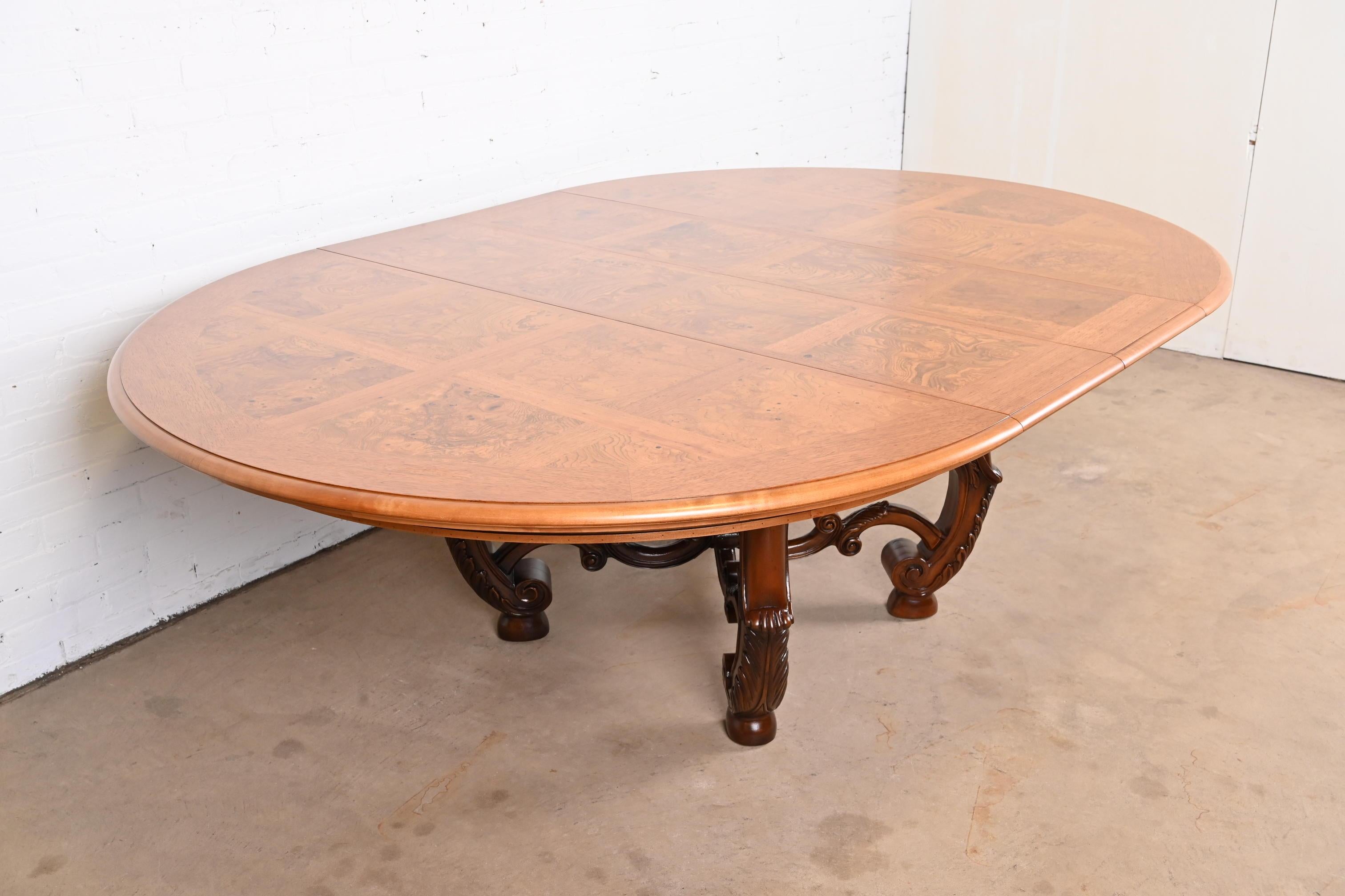 20th Century Henredon Italian Provincial Carved Walnut and Burl Wood Pedestal Dining Table For Sale