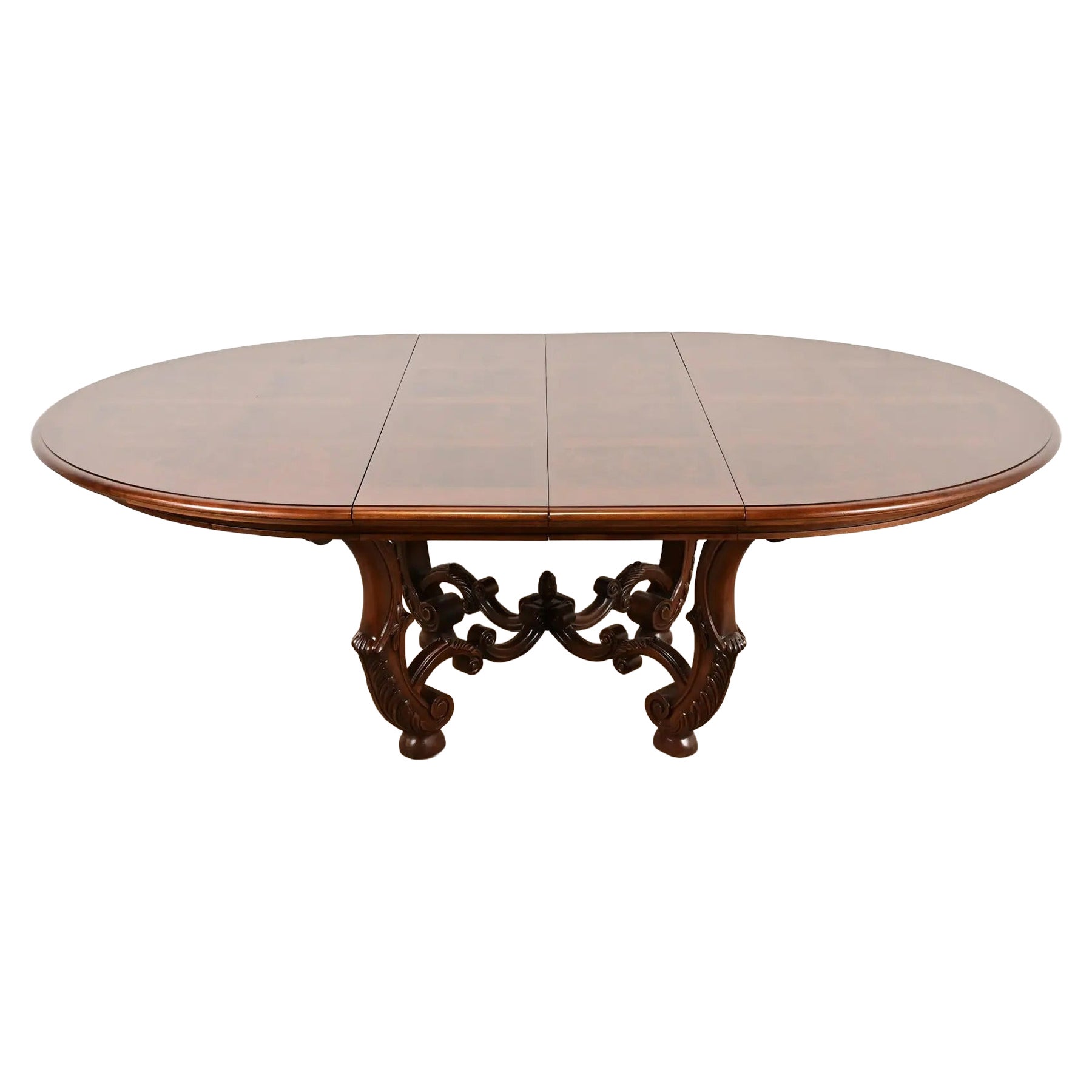 Henredon Italian Provincial Carved Walnut and Burl Wood Pedestal Dining Table For Sale