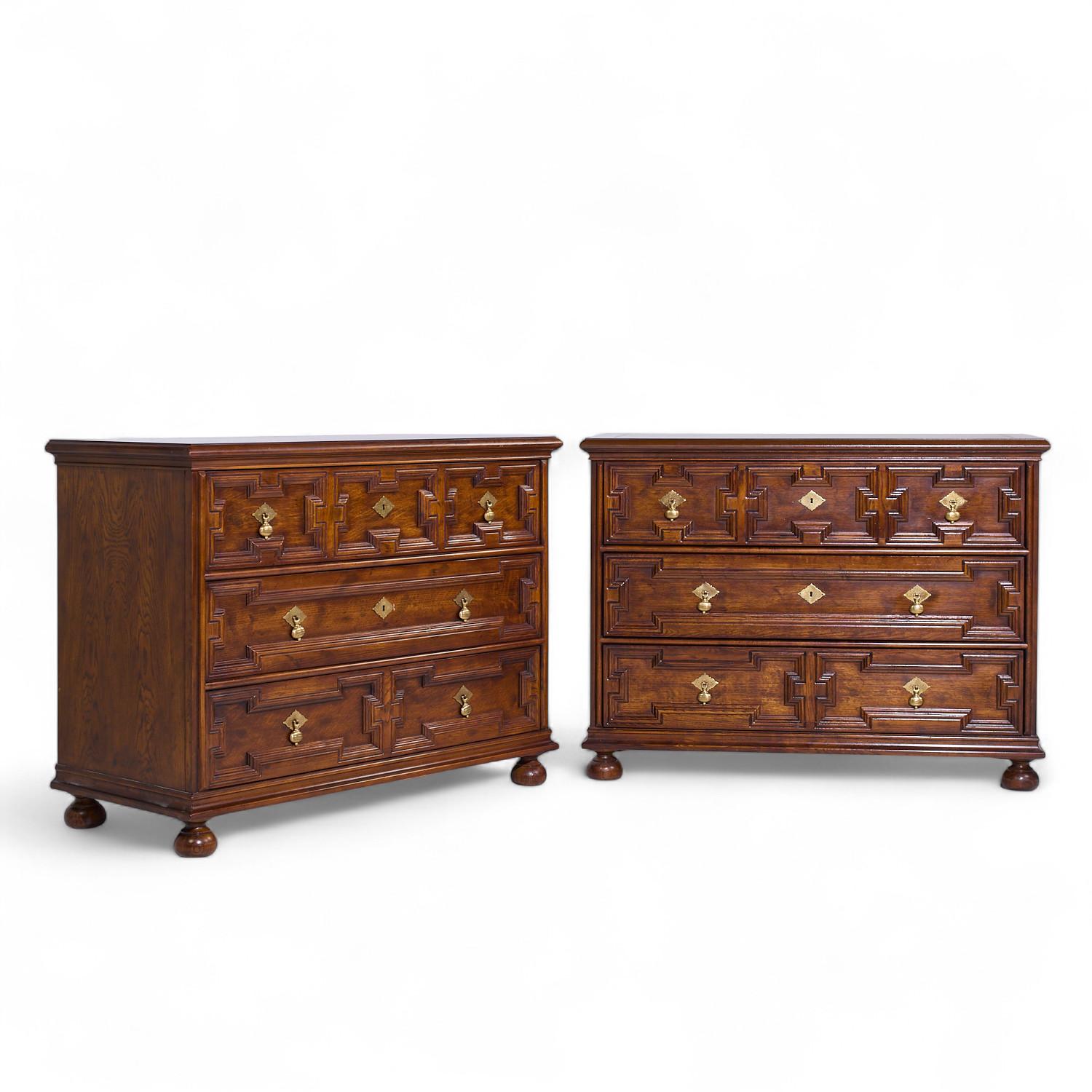 Henredon Jacobean Style Oak and Brass Dresser Chest of Drawers - Pair

Each chest measures: 44 wide x 20 deep x 33.5 high

ABOUT PHOTOS: We take our photos in a controlled lighting studio to show as much detail as possible. We do NOT Photoshop out
