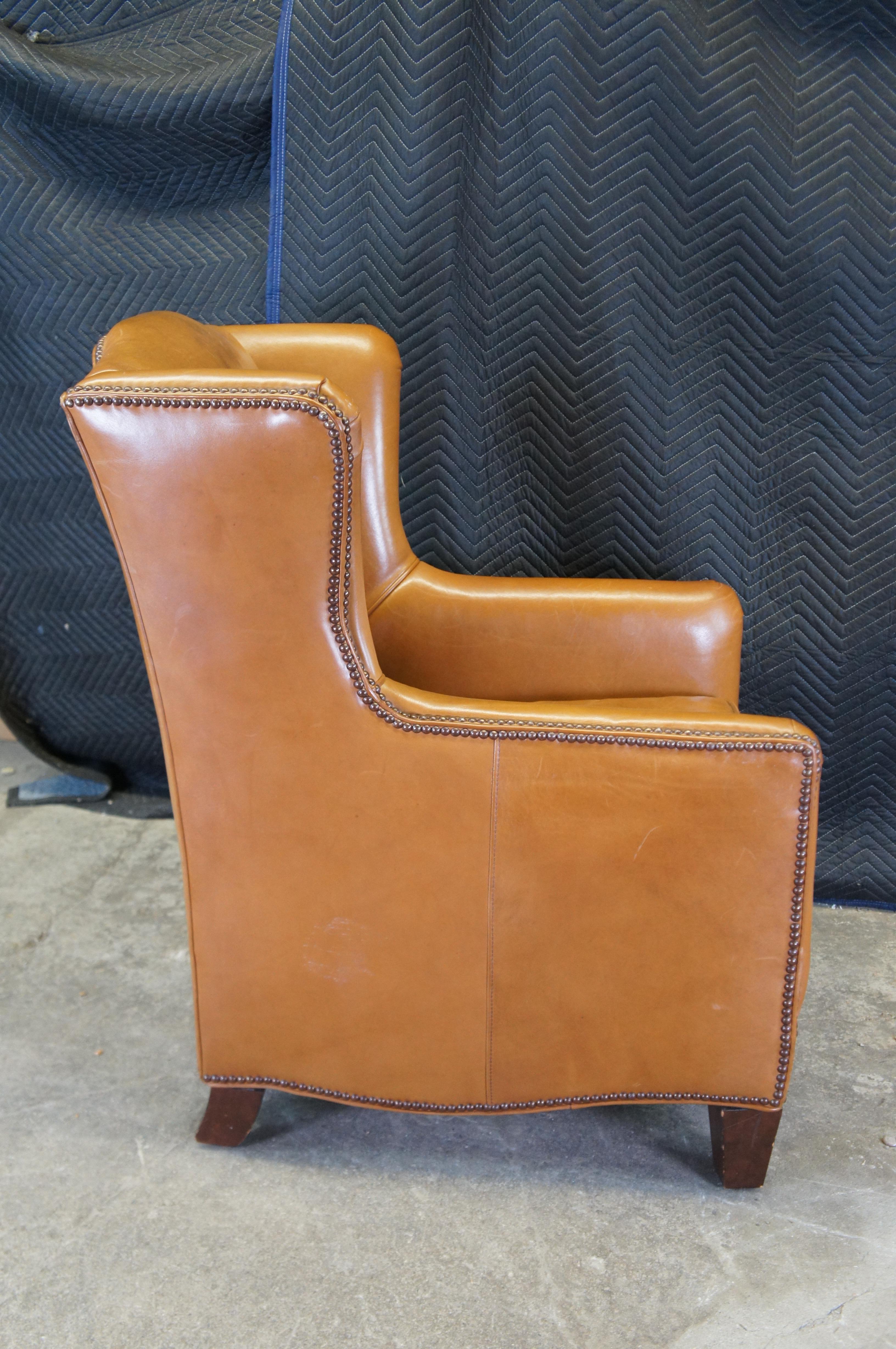 Henredon Leather Nailhead Wingback Club Lounge Library Armchairs & Ottoman 5