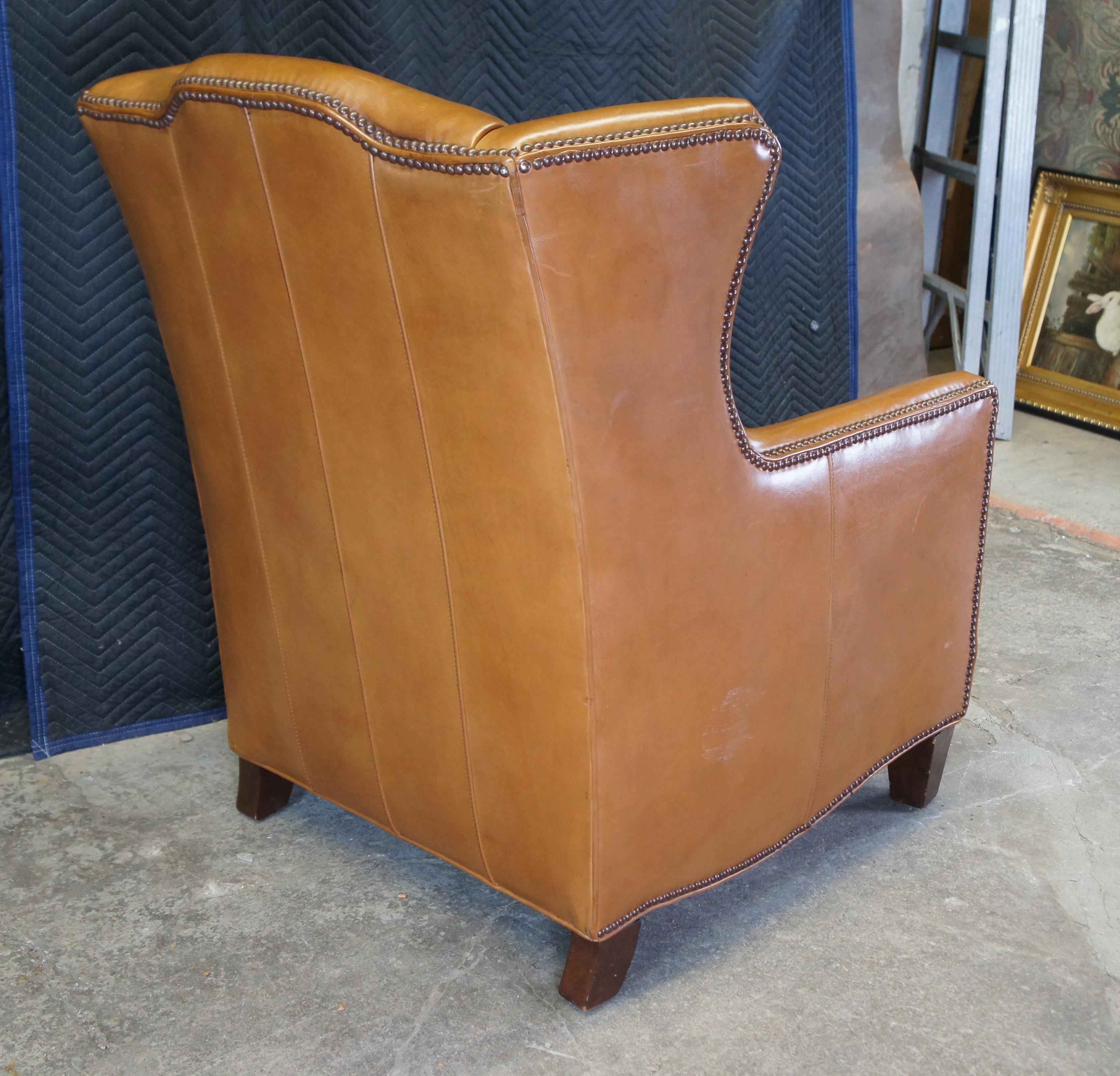 Henredon Leather Nailhead Wingback Club Lounge Library Armchairs & Ottoman 7