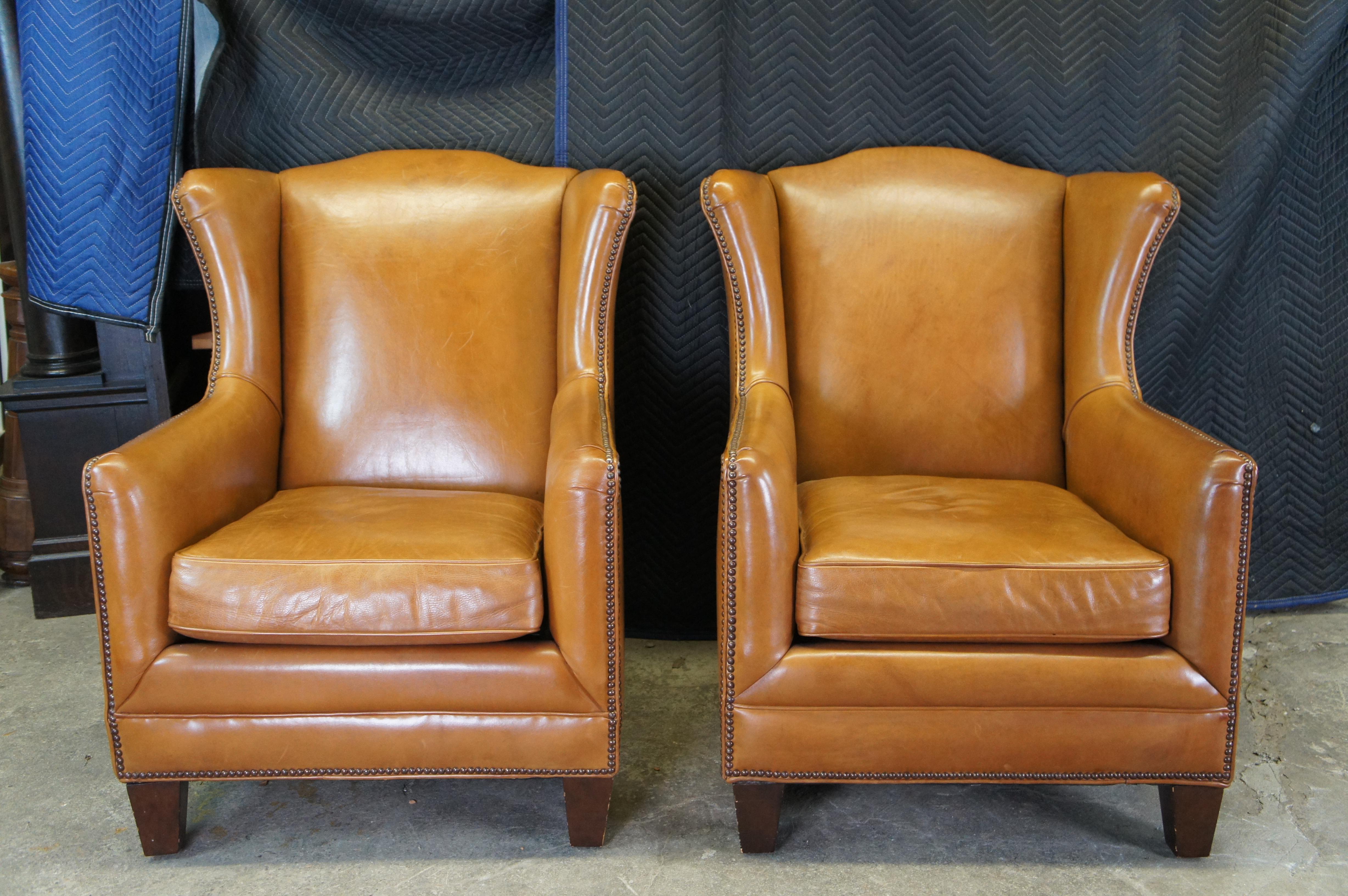 Henredon Leather Nailhead Wingback Club Lounge Library Armchairs & Ottoman In Good Condition In Dayton, OH