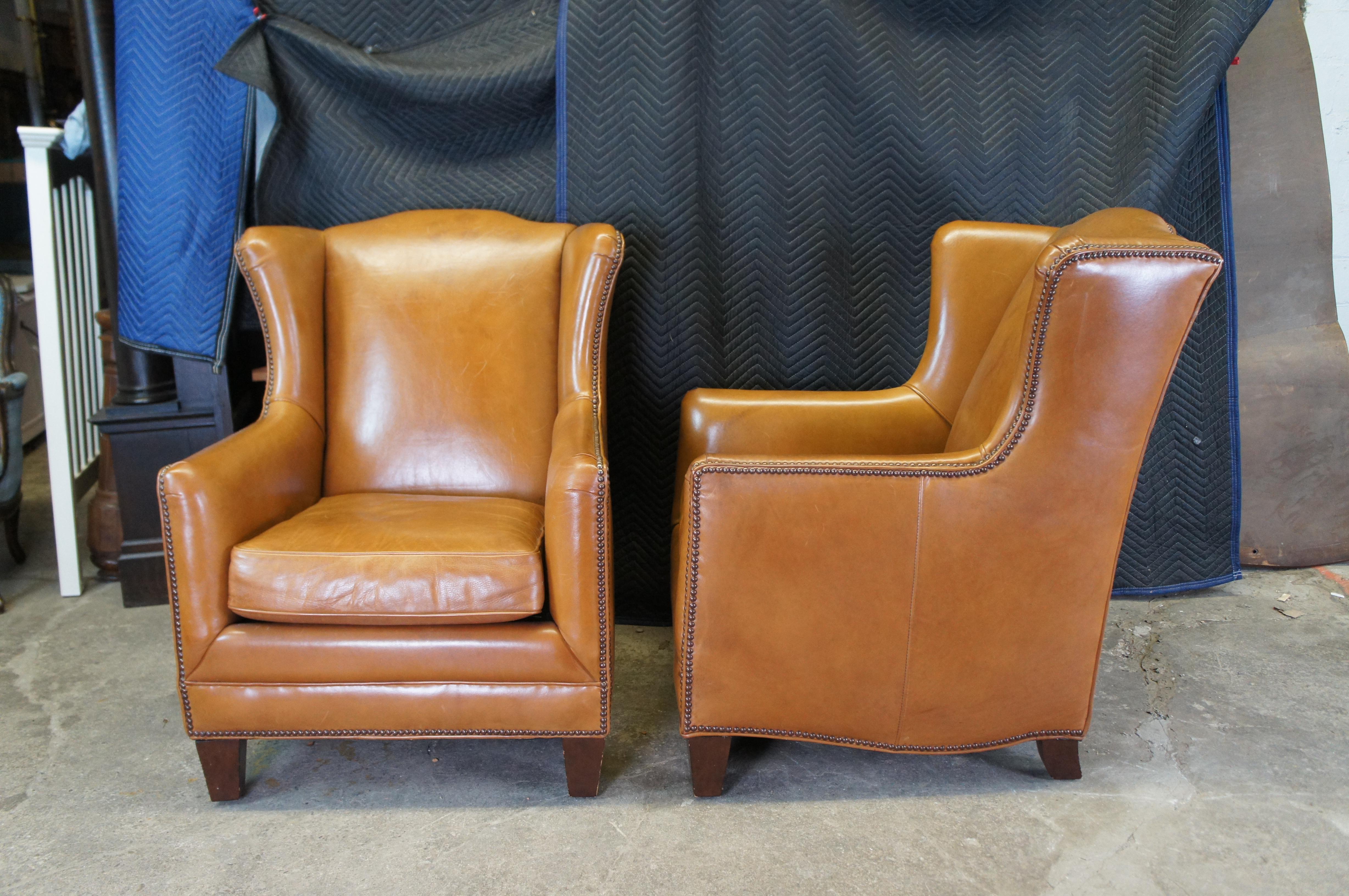 20th Century Henredon Leather Nailhead Wingback Club Lounge Library Armchairs & Ottoman