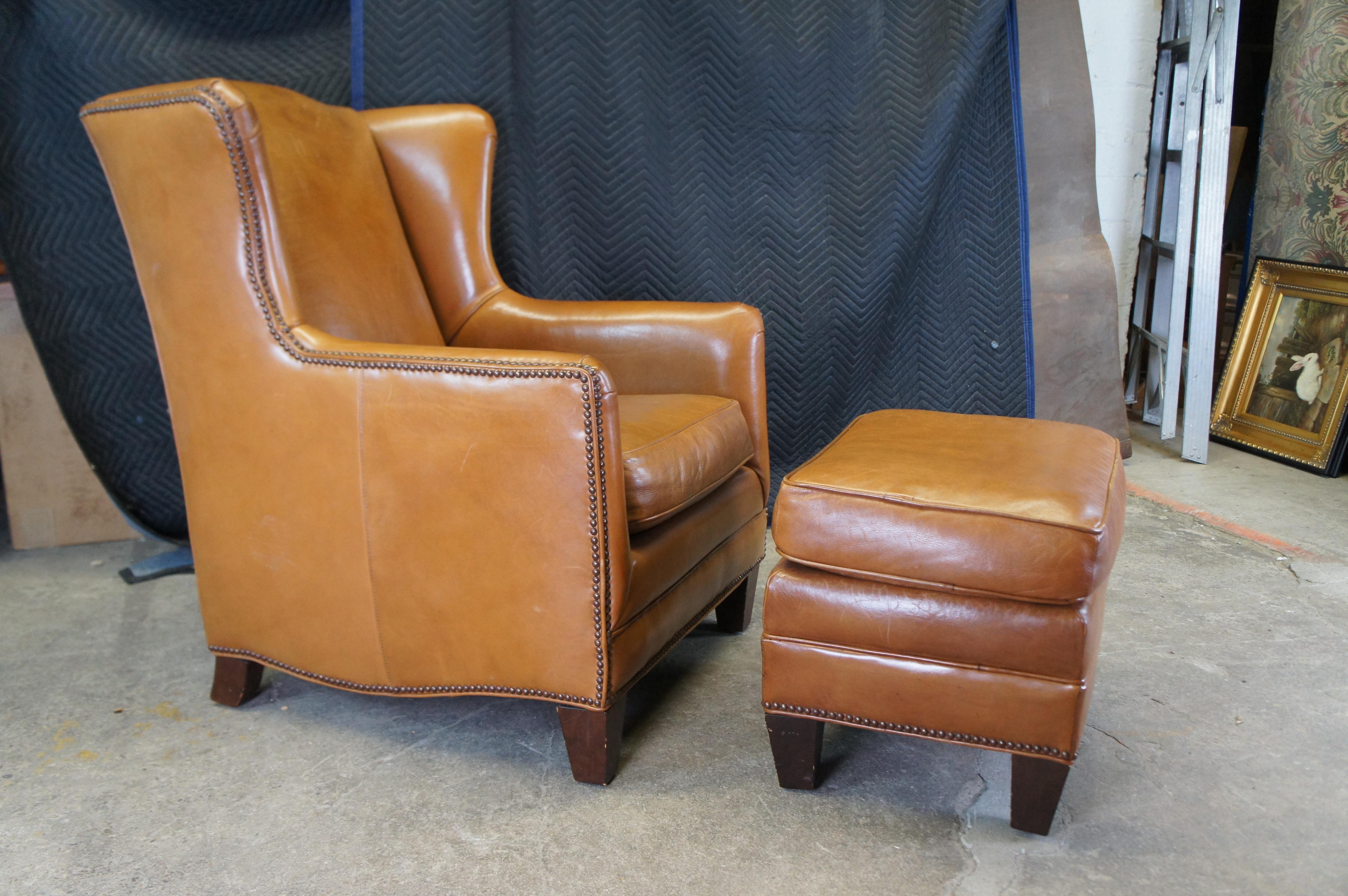 Henredon Leather Nailhead Wingback Club Lounge Library Armchairs & Ottoman 1