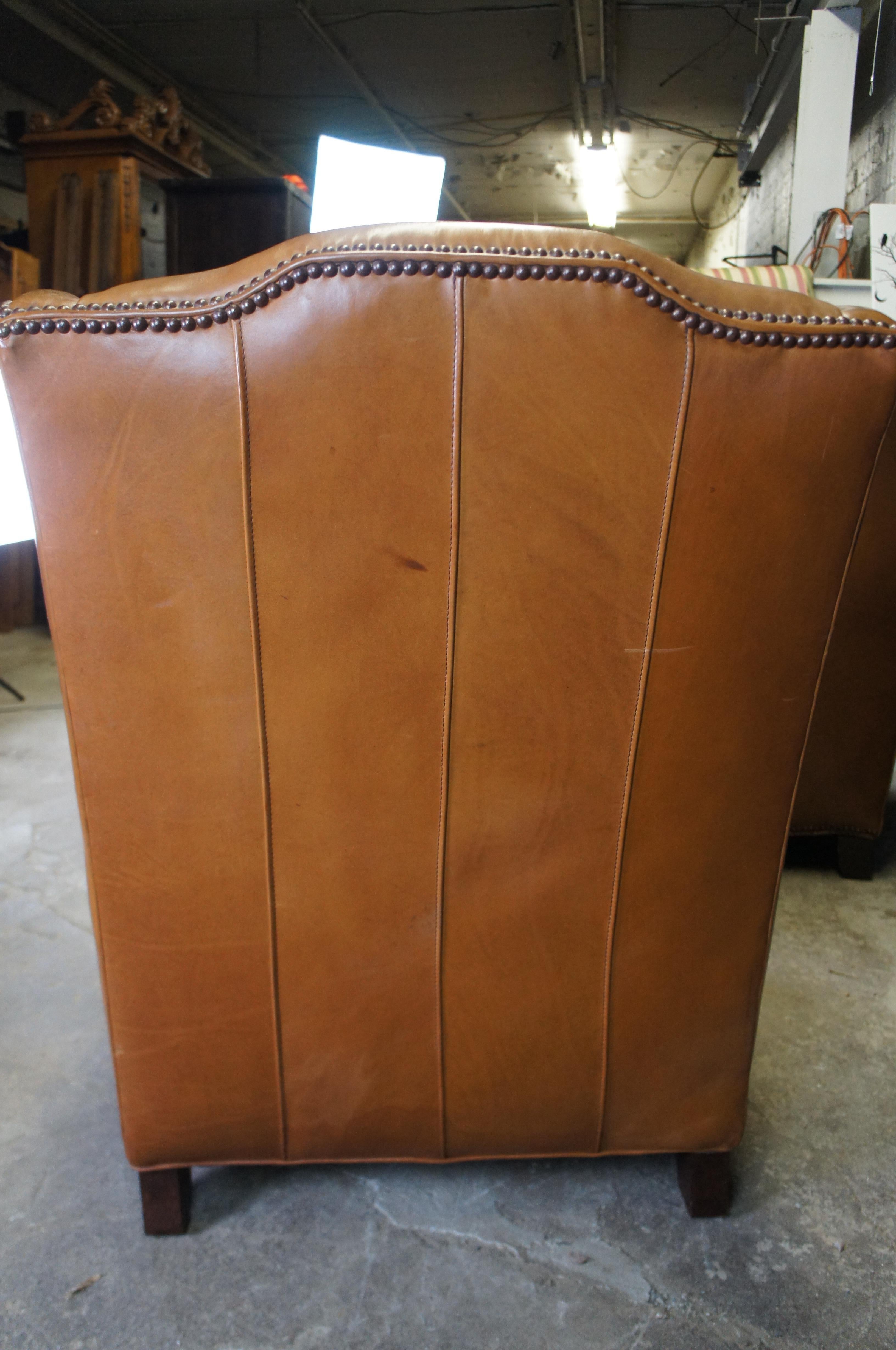 Henredon Leather Nailhead Wingback Club Lounge Library Armchairs & Ottoman 3