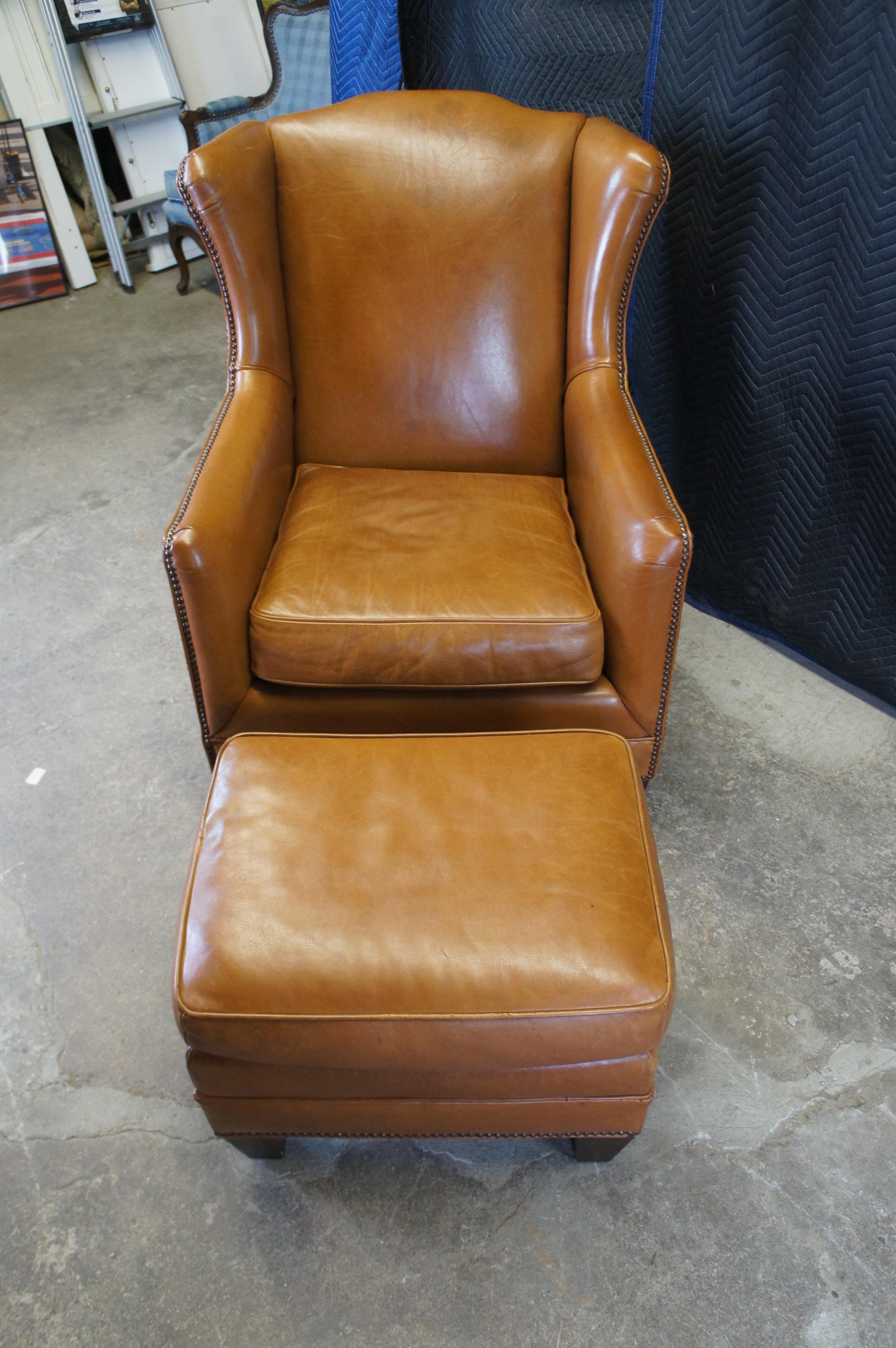 Henredon Leather Nailhead Wingback Club Lounge Library Armchairs & Ottoman 4