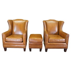 Henredon Leather Nailhead Wingback Club Lounge Library Armchairs & Ottoman