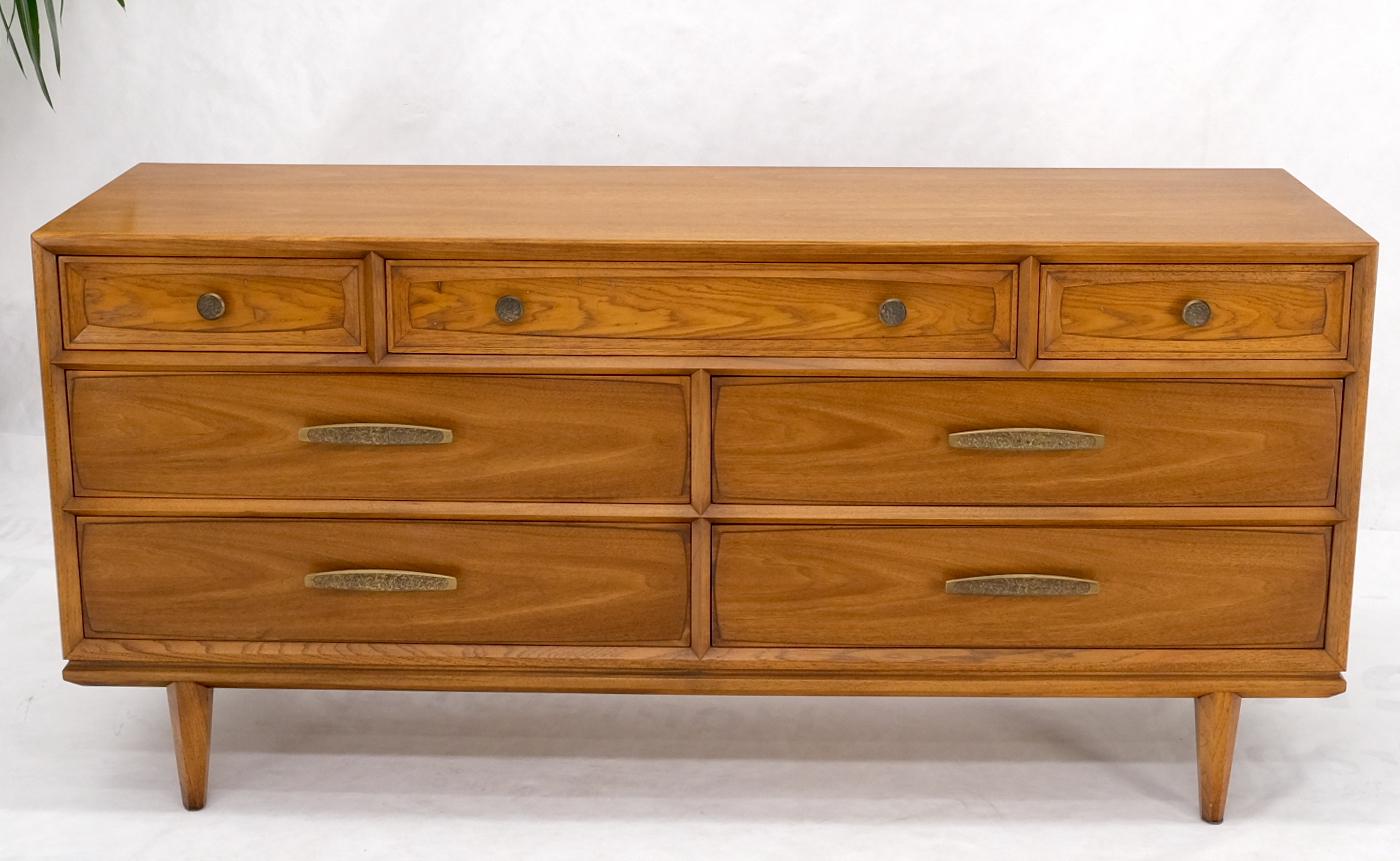 Mid-Century Modern seven drawers long credenza dresser with hammered brass hardware.