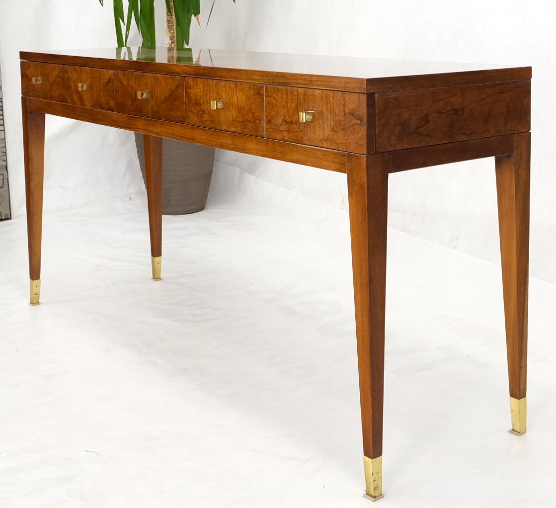 Mid-Century Modern low profile three drawers brass leg tips and brass knobs console table by Henredon.