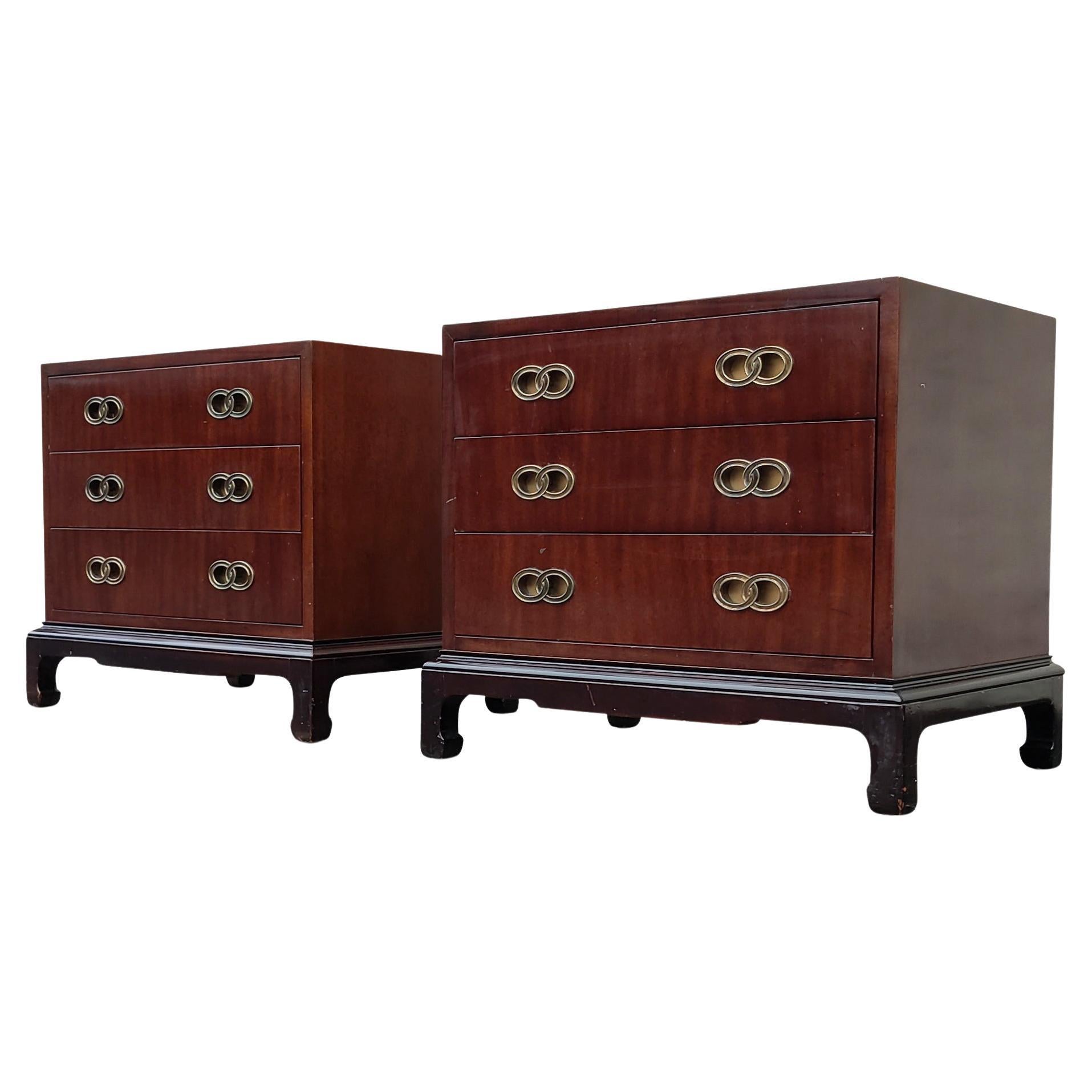 Henredon Mahogany & Brass 3-Drawer Nightstands or End Tables Mid-Century Modern For Sale