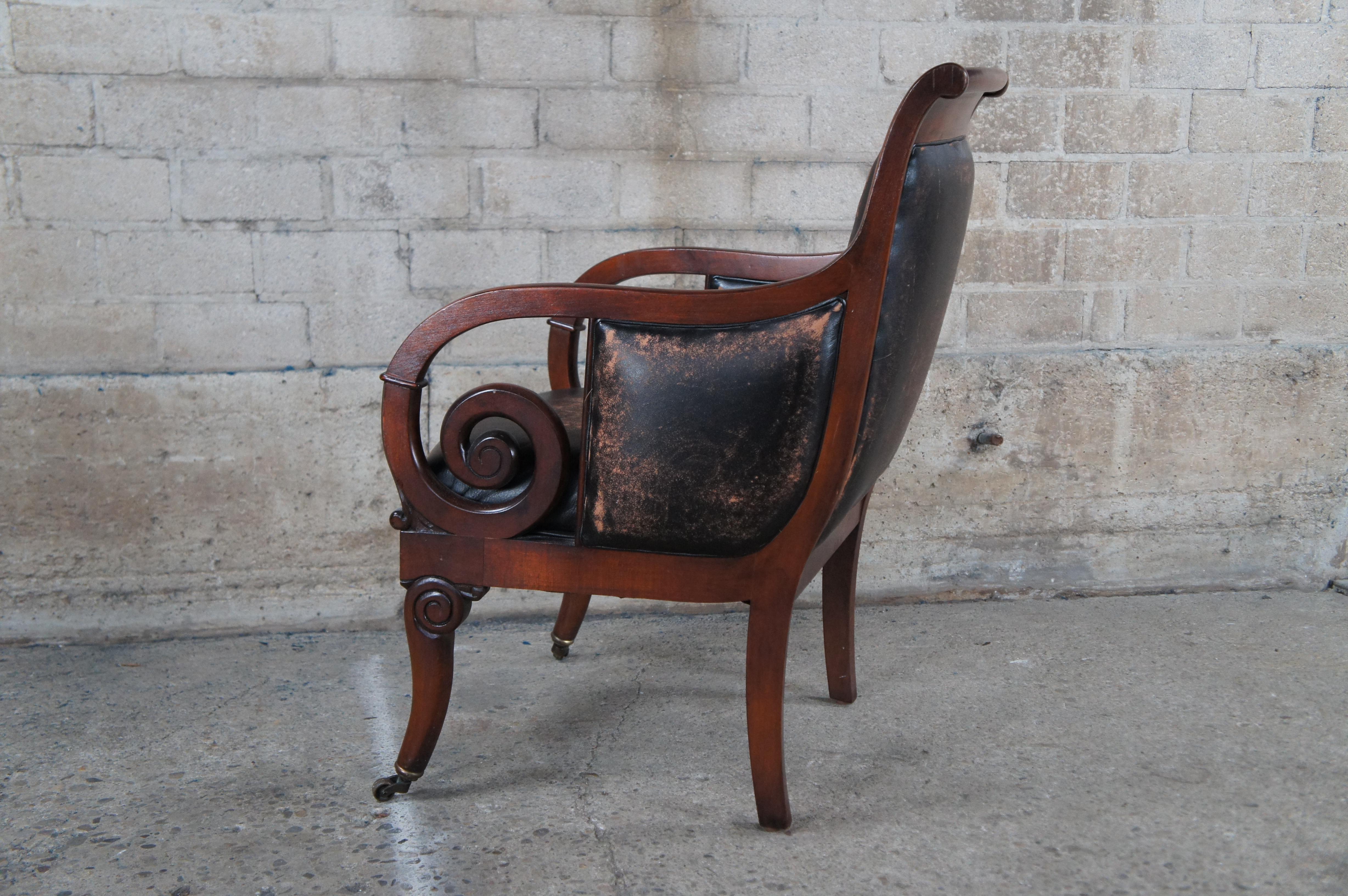 Henredon Mahagoni Distressed Leder Französisch Empire Regency Club Lounge Sessel im Angebot 6