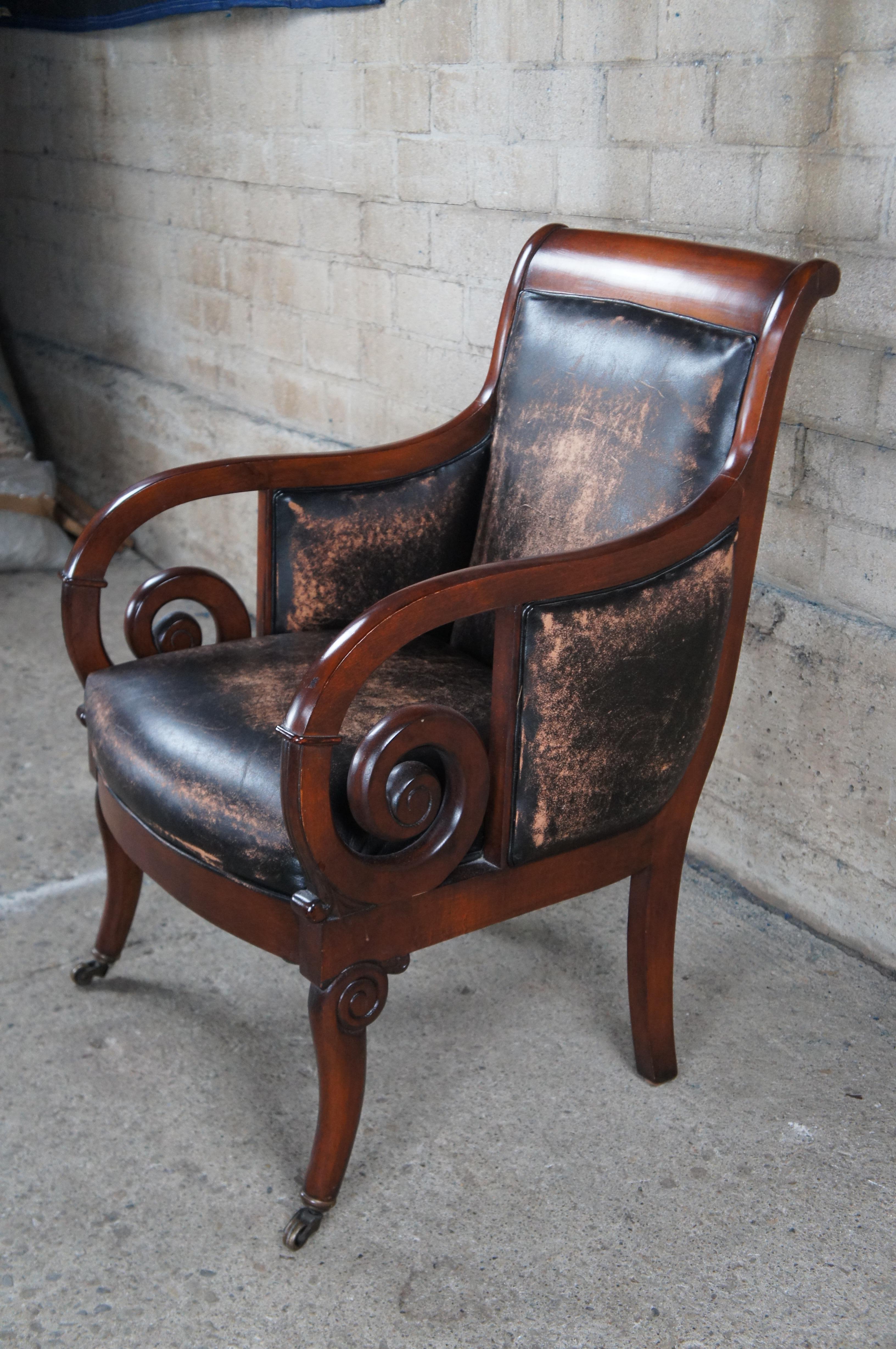 Henredon Mahagoni Distressed Leder Französisch Empire Regency Club Lounge Sessel im Zustand „Gut“ im Angebot in Dayton, OH
