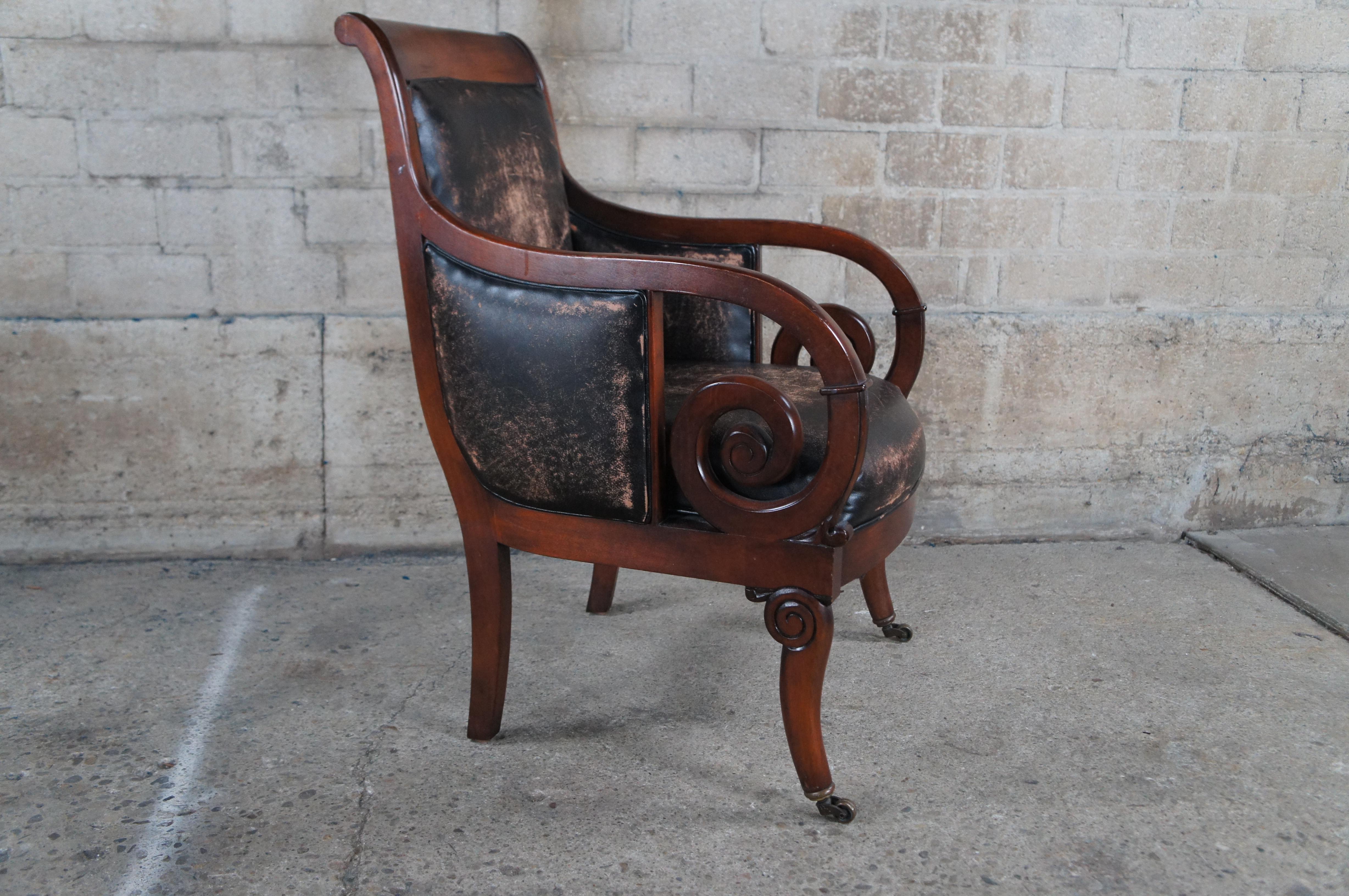 Henredon Mahagoni Distressed Leder Französisch Empire Regency Club Lounge Sessel im Angebot 1