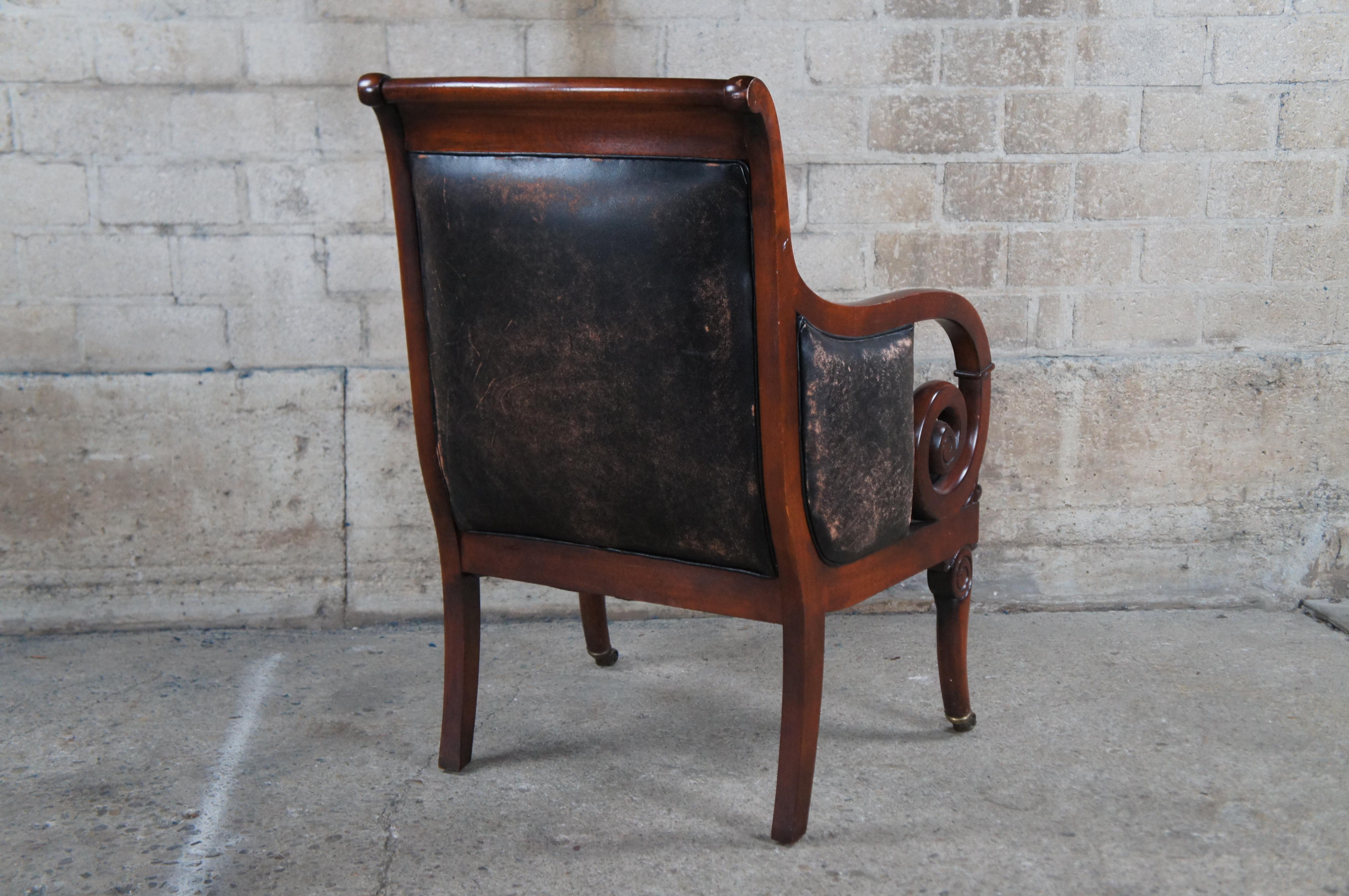 Henredon Mahagoni Distressed Leder Französisch Empire Regency Club Lounge Sessel im Angebot 4