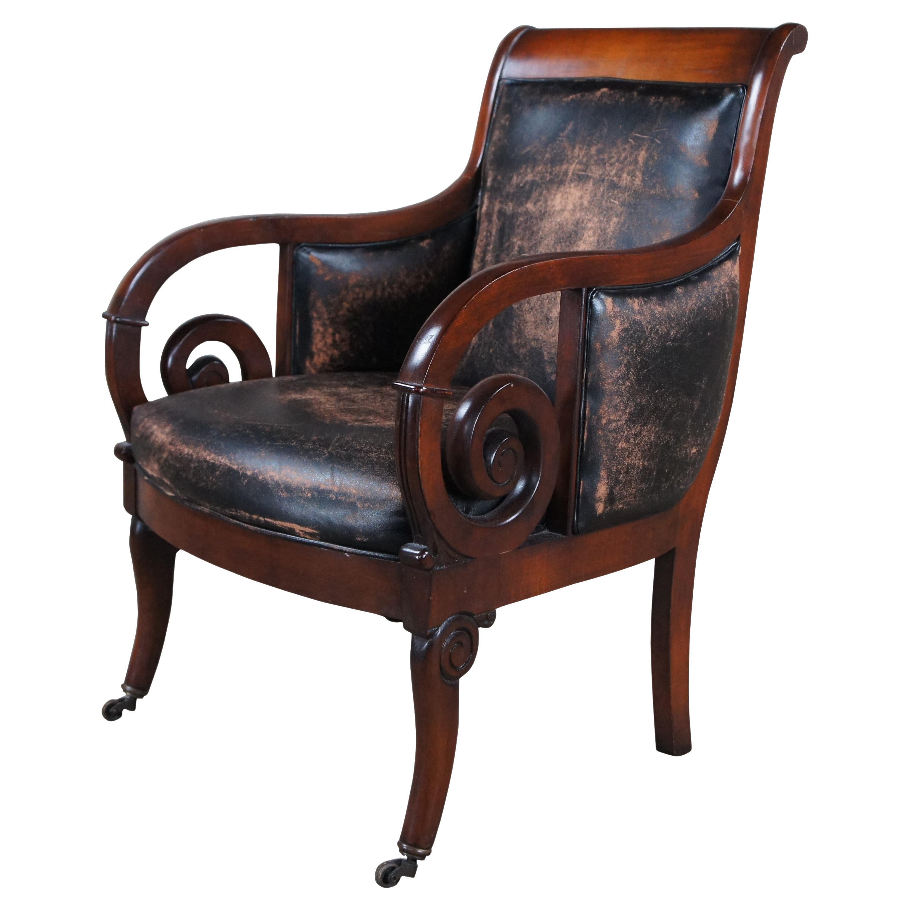 Henredon Mahagoni Distressed Leder Französisch Empire Regency Club Lounge Sessel im Angebot