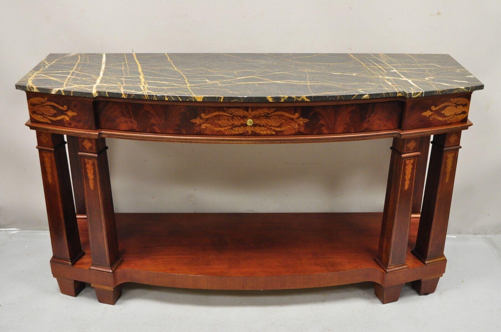 Henredon Marble Top One Drawer Inlaid Mahogany Empire Sideboard Buffet Server. Item features a stunning marble top, one dovetailed drawer, very nice inlay, heavy solid construction, original stamp, quality craftsmanship, great style and form. Circa