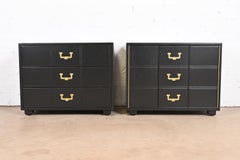 Henredon Mid-Century Hollywood Regency Black Lacquered Campaign Bedside Chests