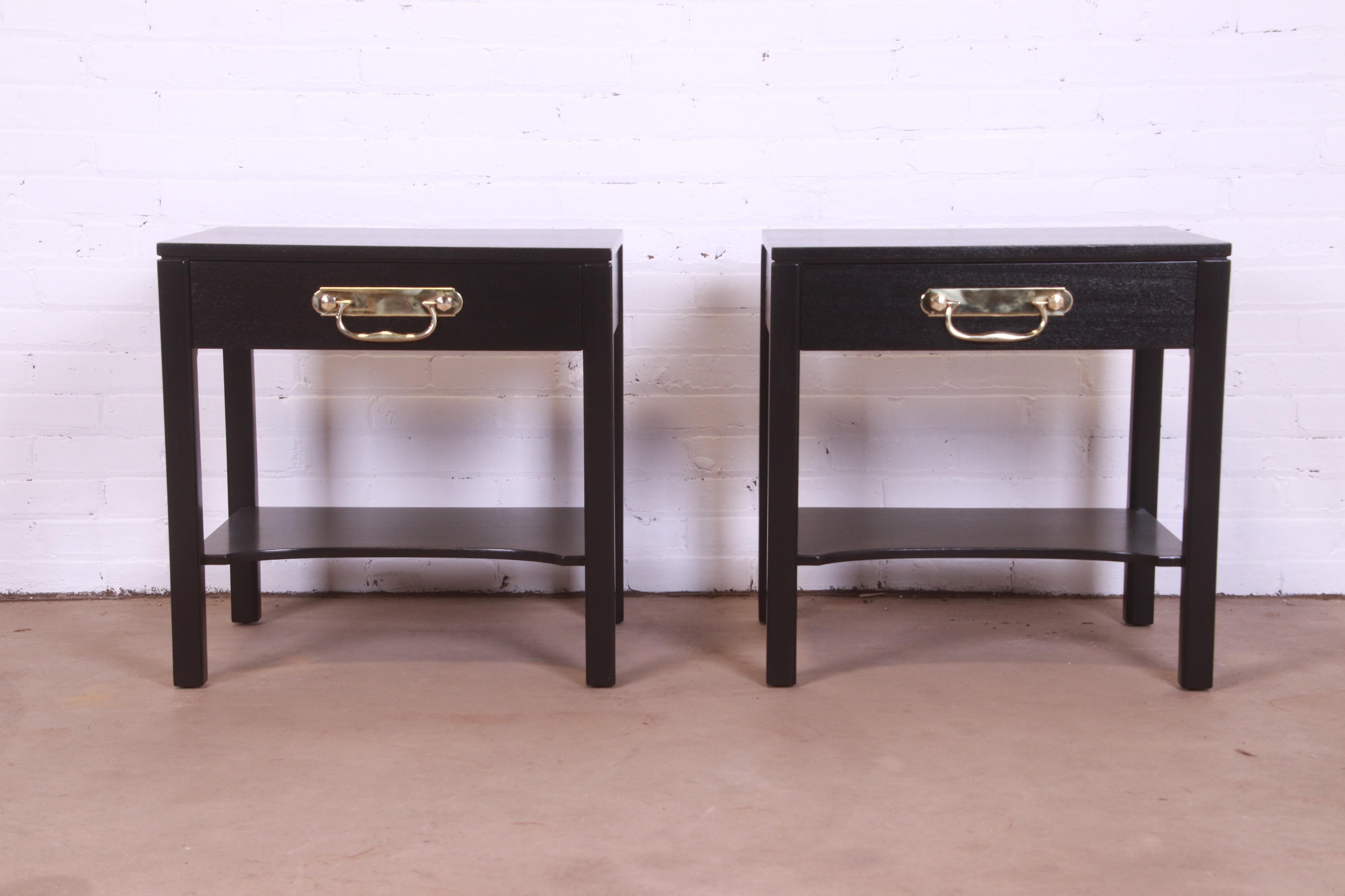 Mid-Century Modern Henredon Mid-Century Hollywood Regency Black Lacquered Nightstands, Refinished