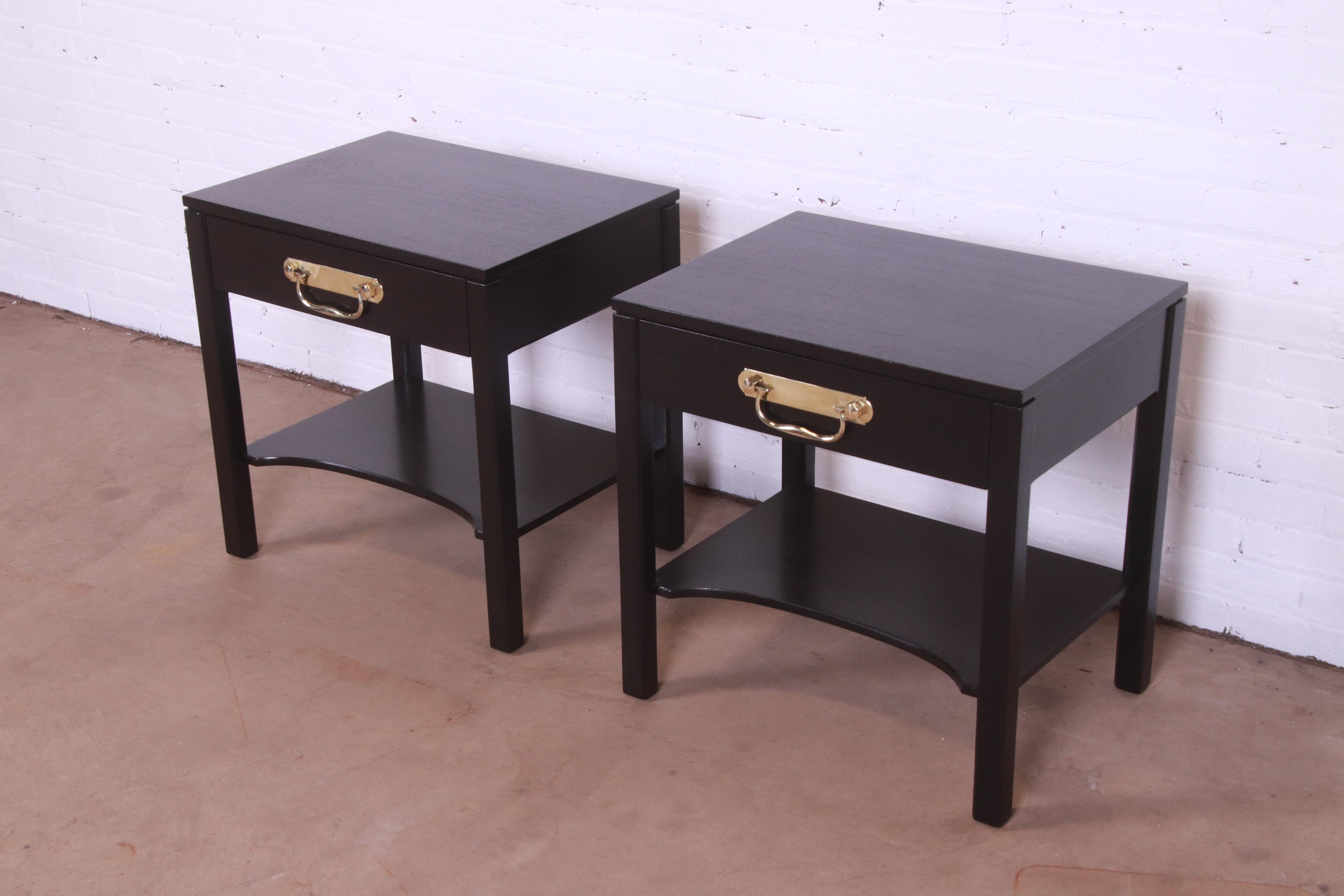 American Henredon Mid-Century Hollywood Regency Black Lacquered Nightstands, Refinished