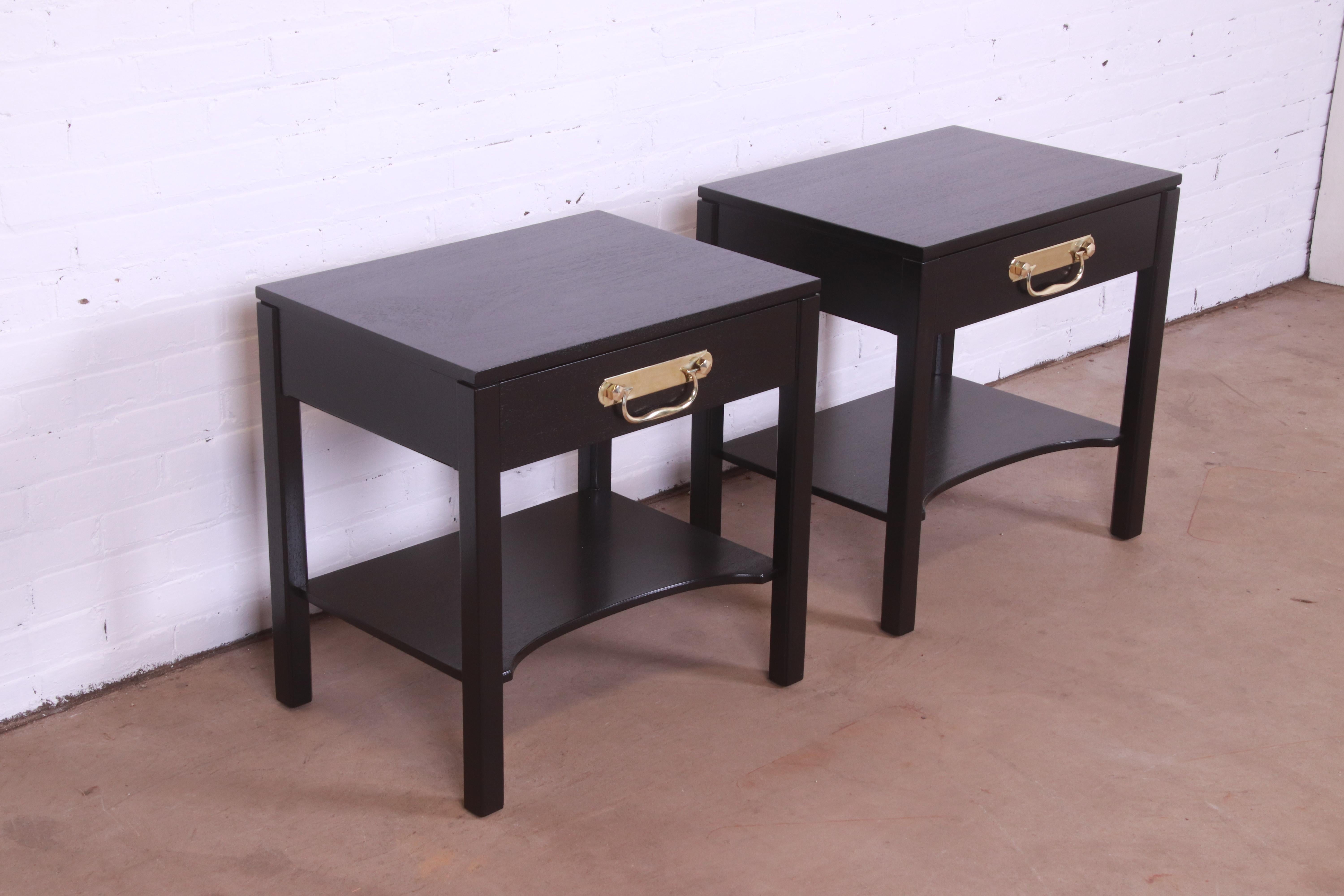 20th Century Henredon Mid-Century Hollywood Regency Black Lacquered Nightstands, Refinished