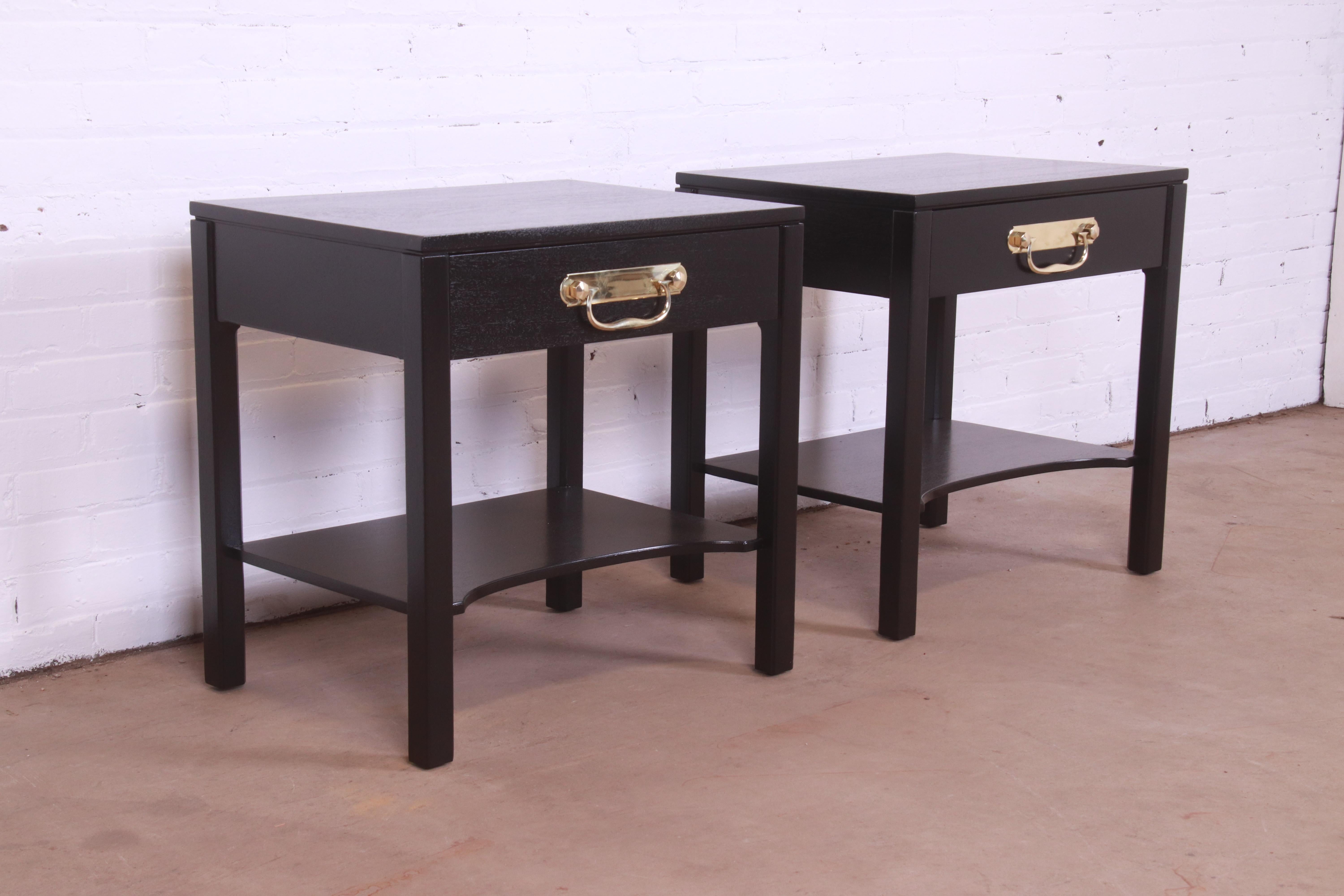 Brass Henredon Mid-Century Hollywood Regency Black Lacquered Nightstands, Refinished