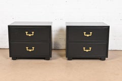Henredon Mid-Century Hollywood Regency Campaign Black Lacquered Bedside Chests