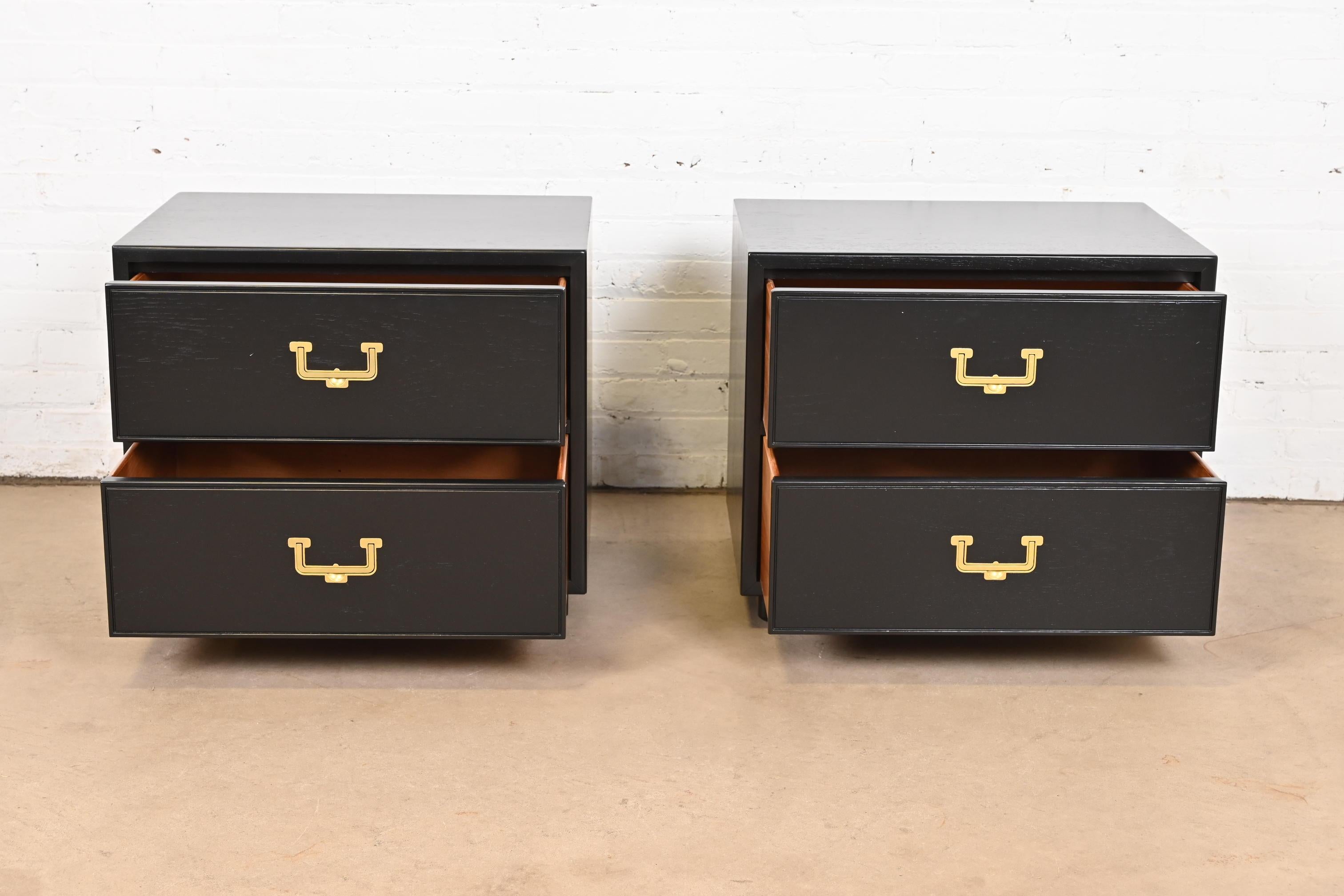 Brass Henredon Mid-Century Hollywood Regency Campaign Black Lacquered Bedside Chests For Sale