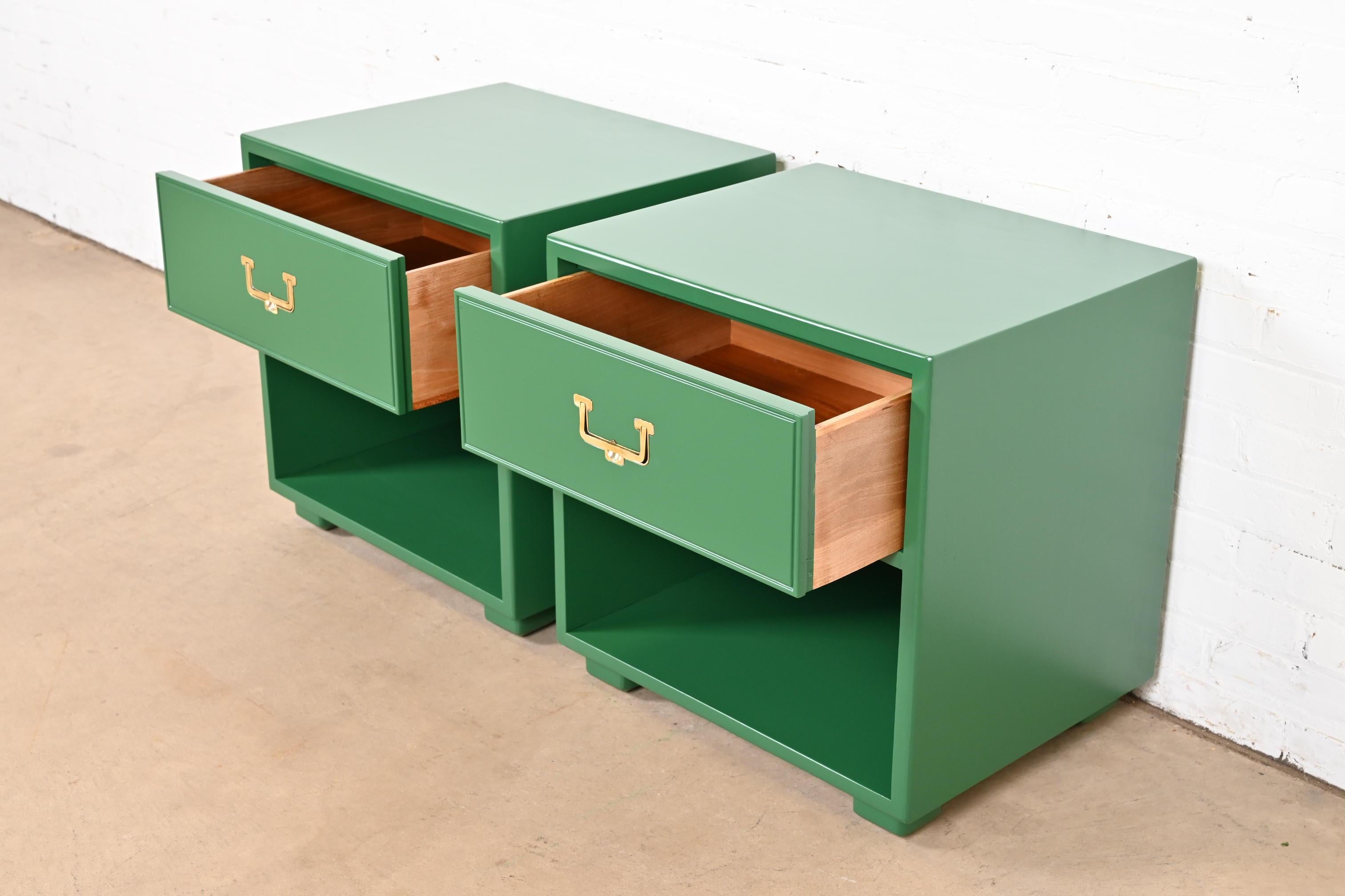 Brass Henredon Mid-Century Hollywood Regency Campaign Green Lacquered Nightstands For Sale
