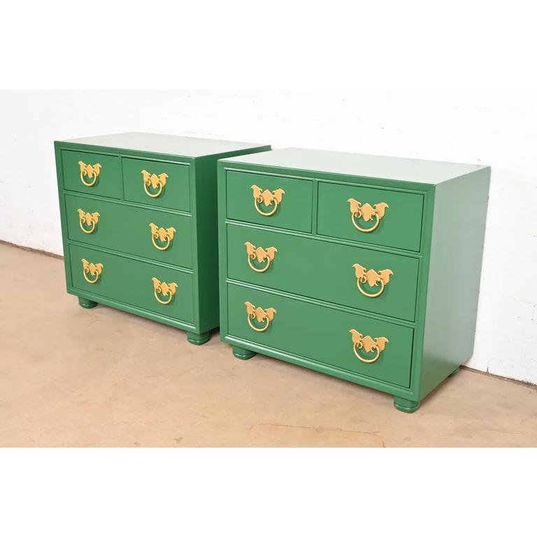 Brass Henredon Mid-Century Hollywood Regency Chinoiserie Bedside Chests, Refinished For Sale