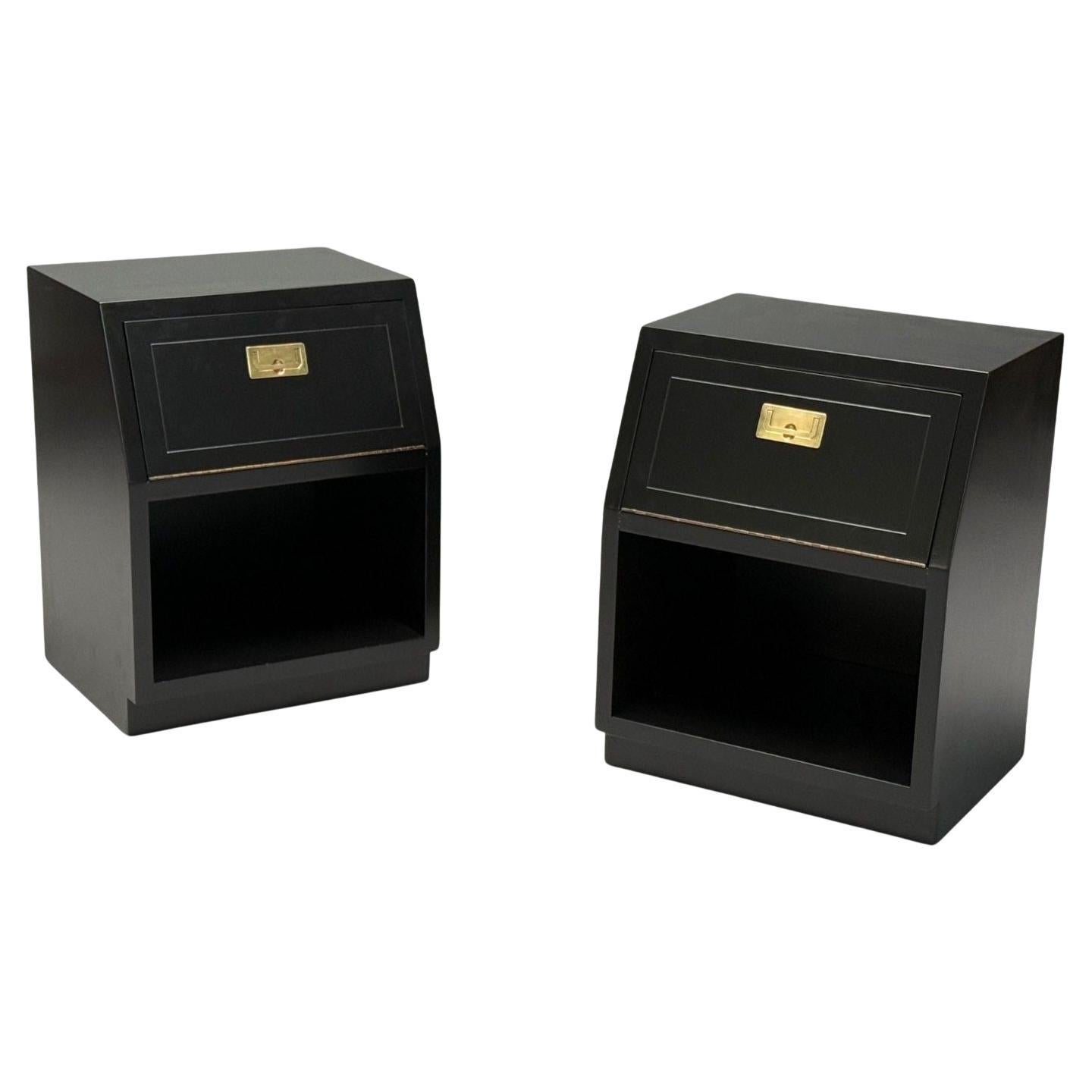 Henredon, Mid-Century Modern, Black Lacquer, Brass, Campaign Nightstands, 1960s